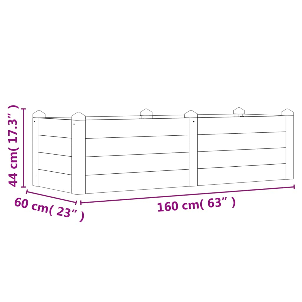 Illustration einer Holzpflanzkasten. Abmessungen: Höhe 44 cm (17,3 Zoll), Breite 60 cm (23 Zoll) und Länge 160 cm (63 Zoll).
