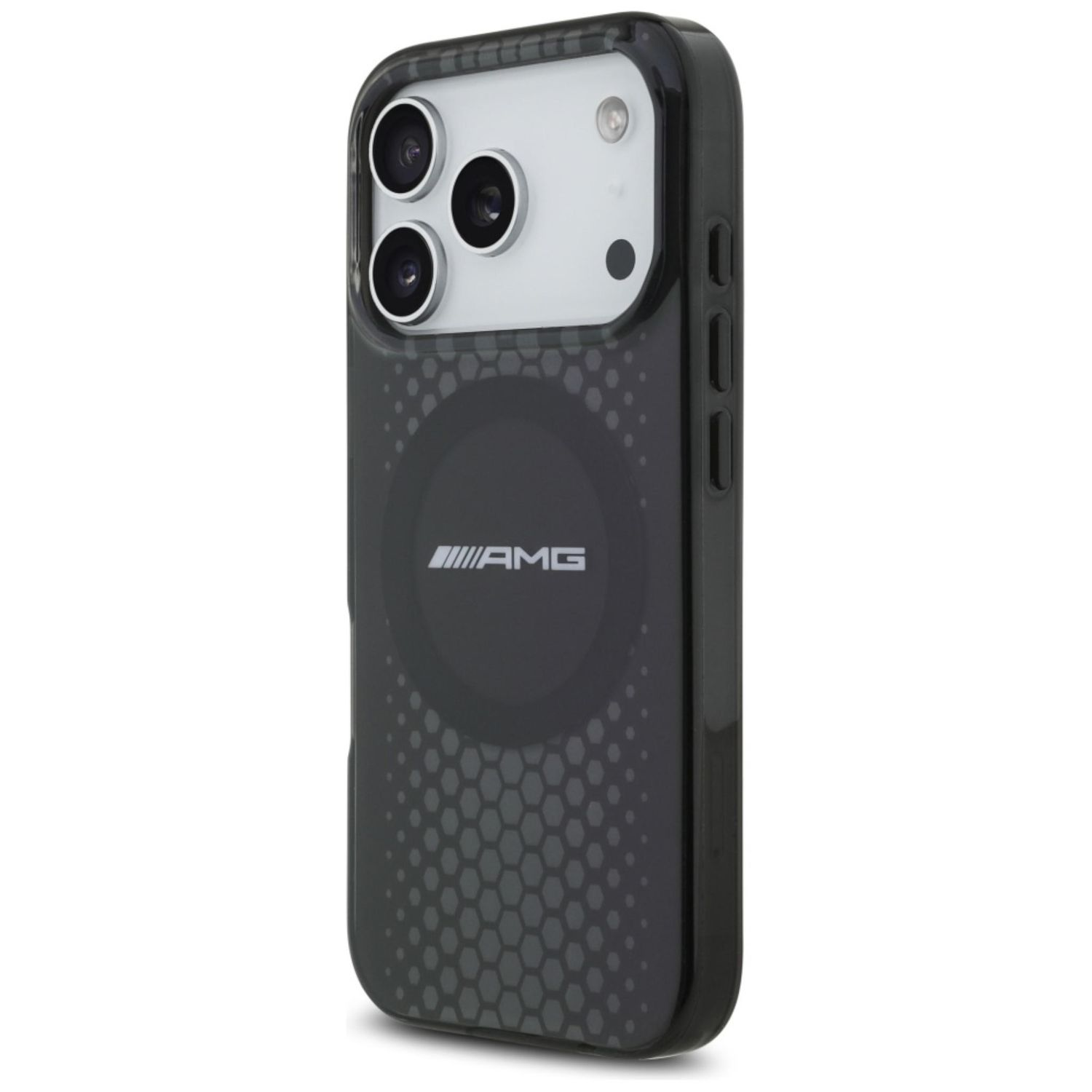 Una custodia nera per telefono con logo AMG. Ha un motivo a nido d'ape e un modulo fotocamera con tre lenti.