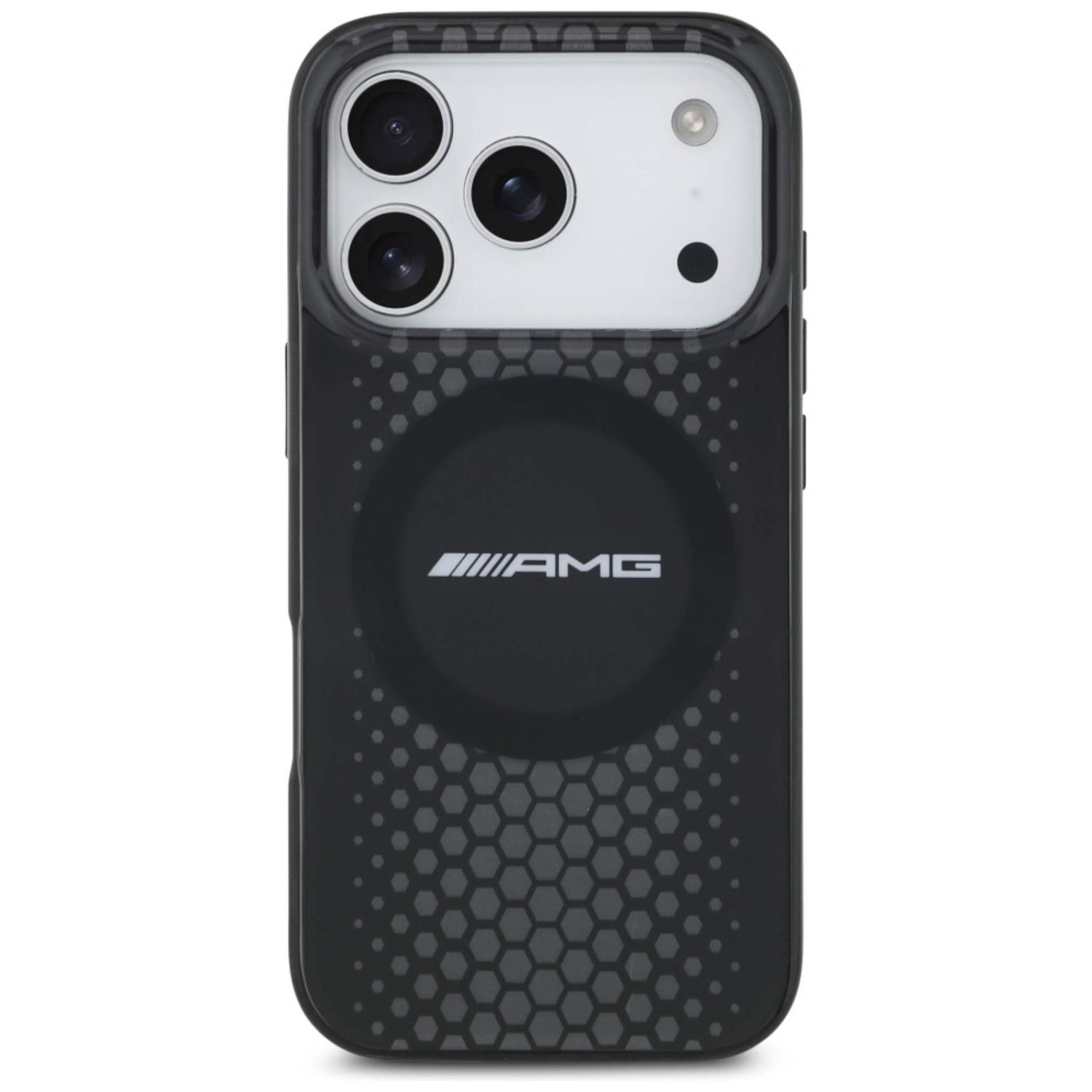 Custodia nera per telefono con motivo strutturato. Ha il logo AMG. Le lenti della fotocamera del telefono sono visibili.