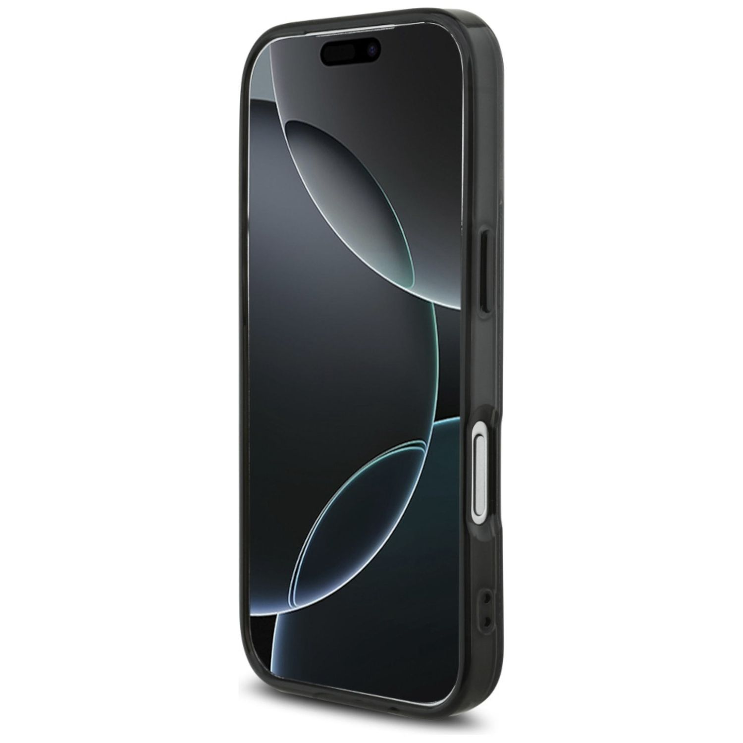 Uno smartphone nero in una custodia, che mostra lo schermo con un design astratto scuro. Il telefono è angolato, con sfondo bianco.