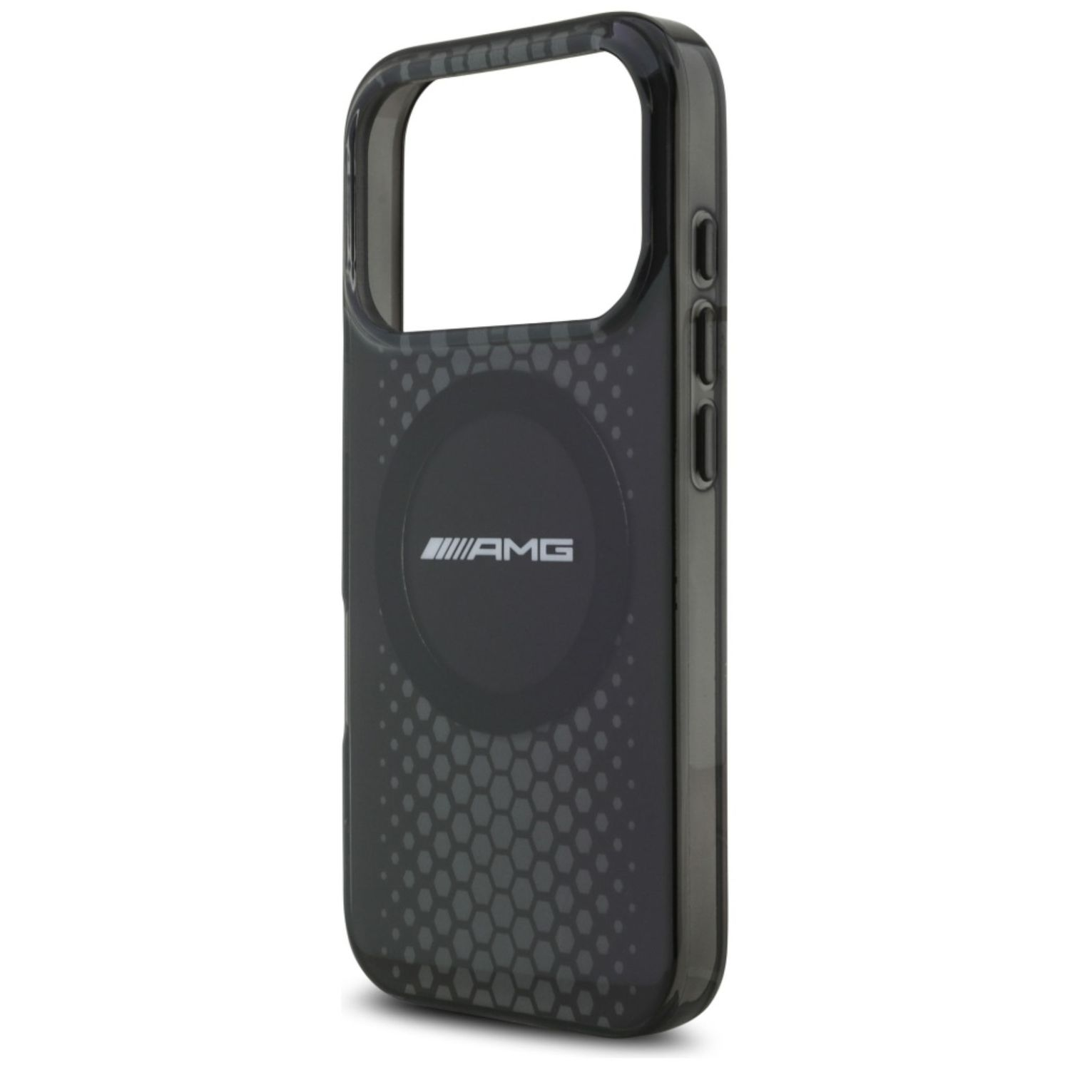 Una custodia nera per telefono con il logo AMG. Ha un motivo a nido d'ape ed è progettata per proteggere il telefono.