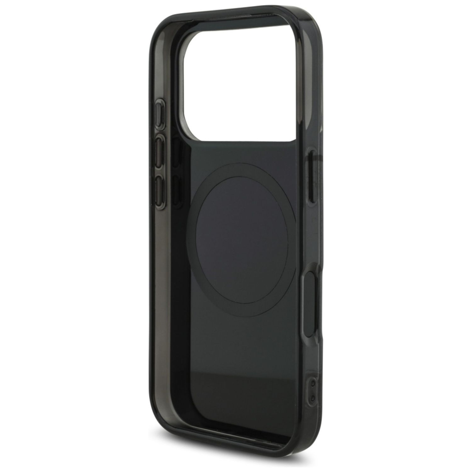 Una custodia nera per telefono, trasparente con un'area magnetica circolare. La custodia ha copri pulsanti e un ritaglio per la fotocamera, isolata su bianco.