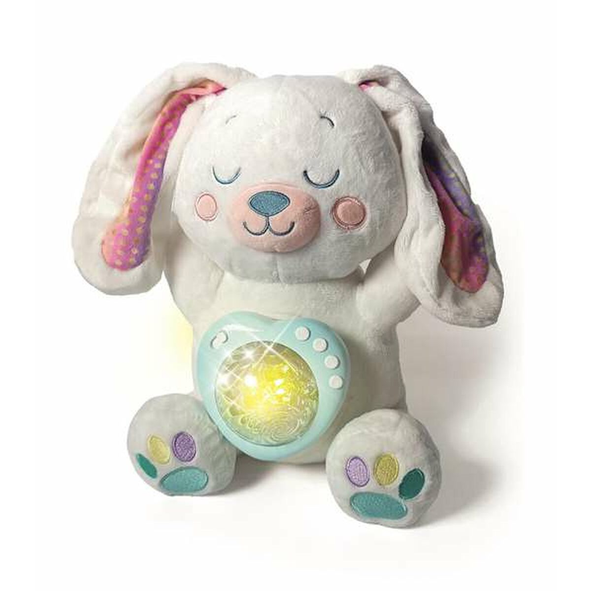 Ein weißes Plüschkaninchen mit geschlossenen Augen, einem herzförmigen Licht am Bauch und bunten Details an Ohren und Füßen.