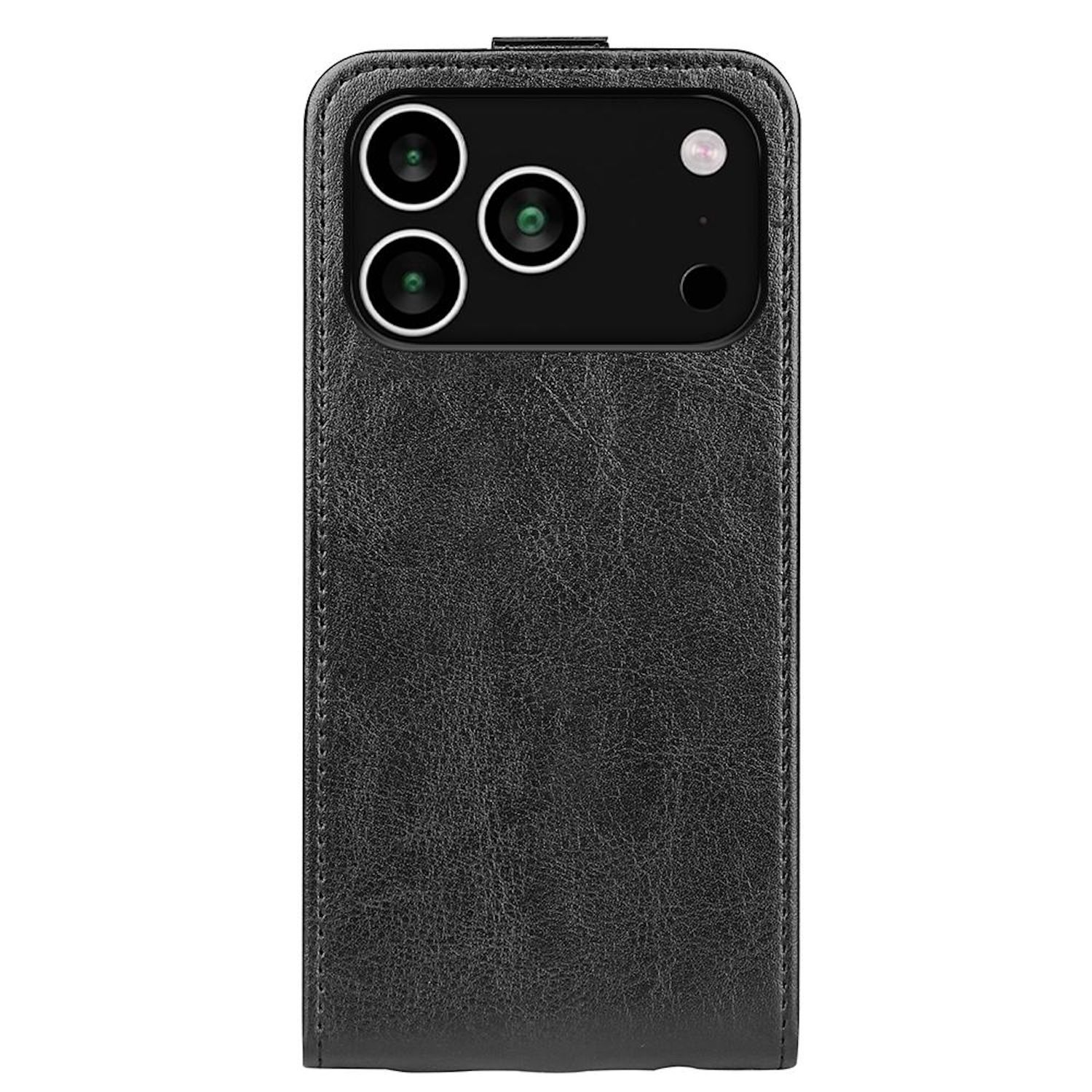 Una funda de teléfono negra con recortes para la cámara. La funda tiene una superficie texturizada y costuras en los bordes. El área de la cámara tiene tres lentes.