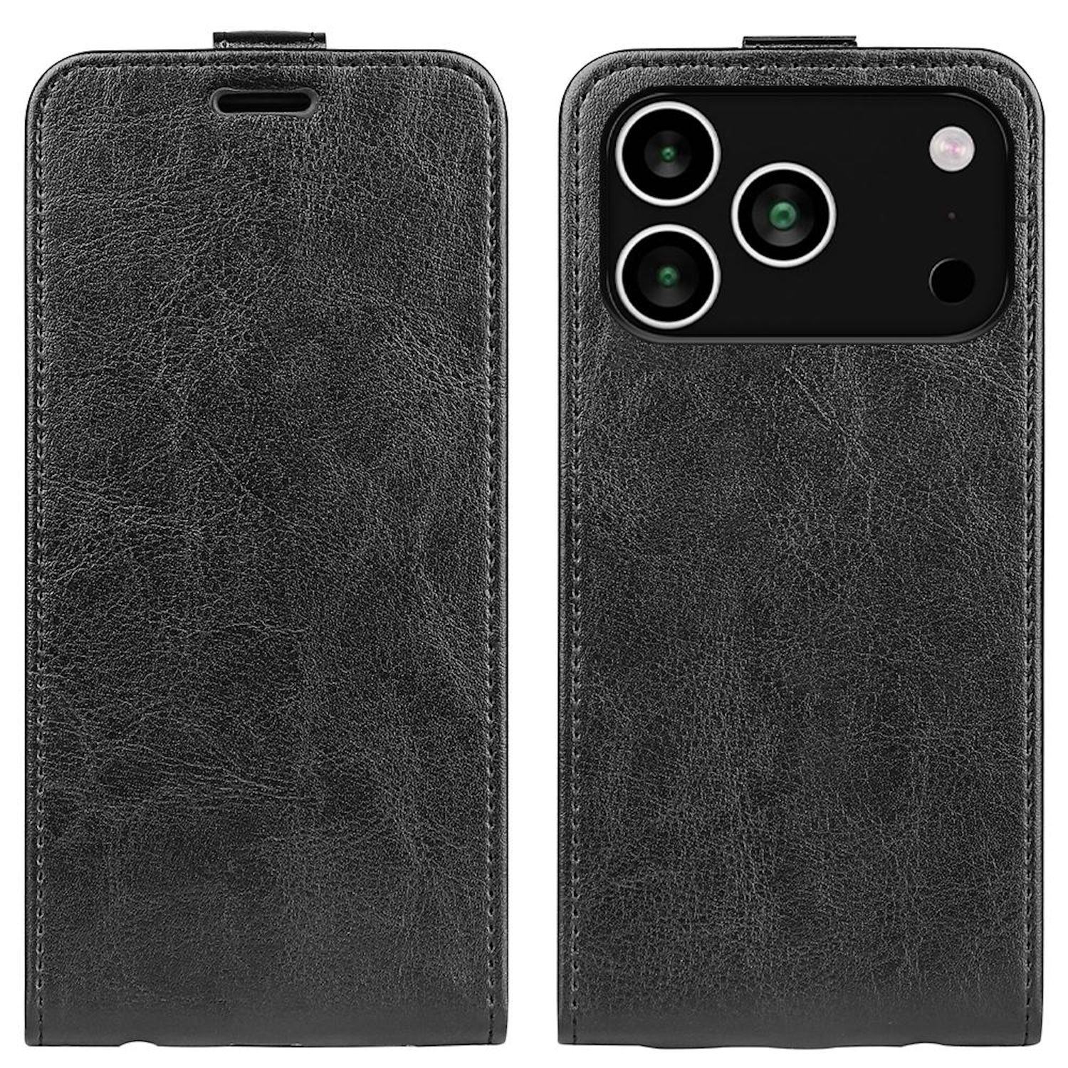Funda de teléfono de cuero negro, cerrada y abierta. La parte abierta muestra tres lentes y un flash.