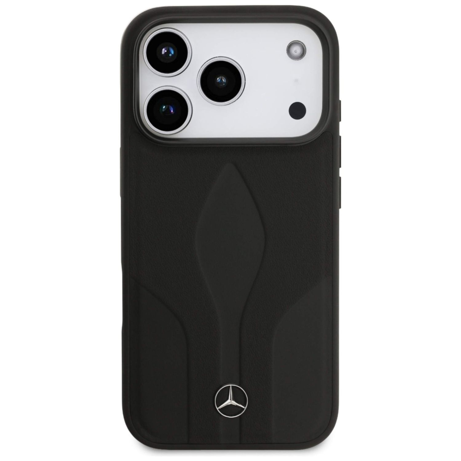 Custodia nera per telefono con logo Mercedes. Ha tre obiettivi e un flash. La custodia ha un design strutturato.