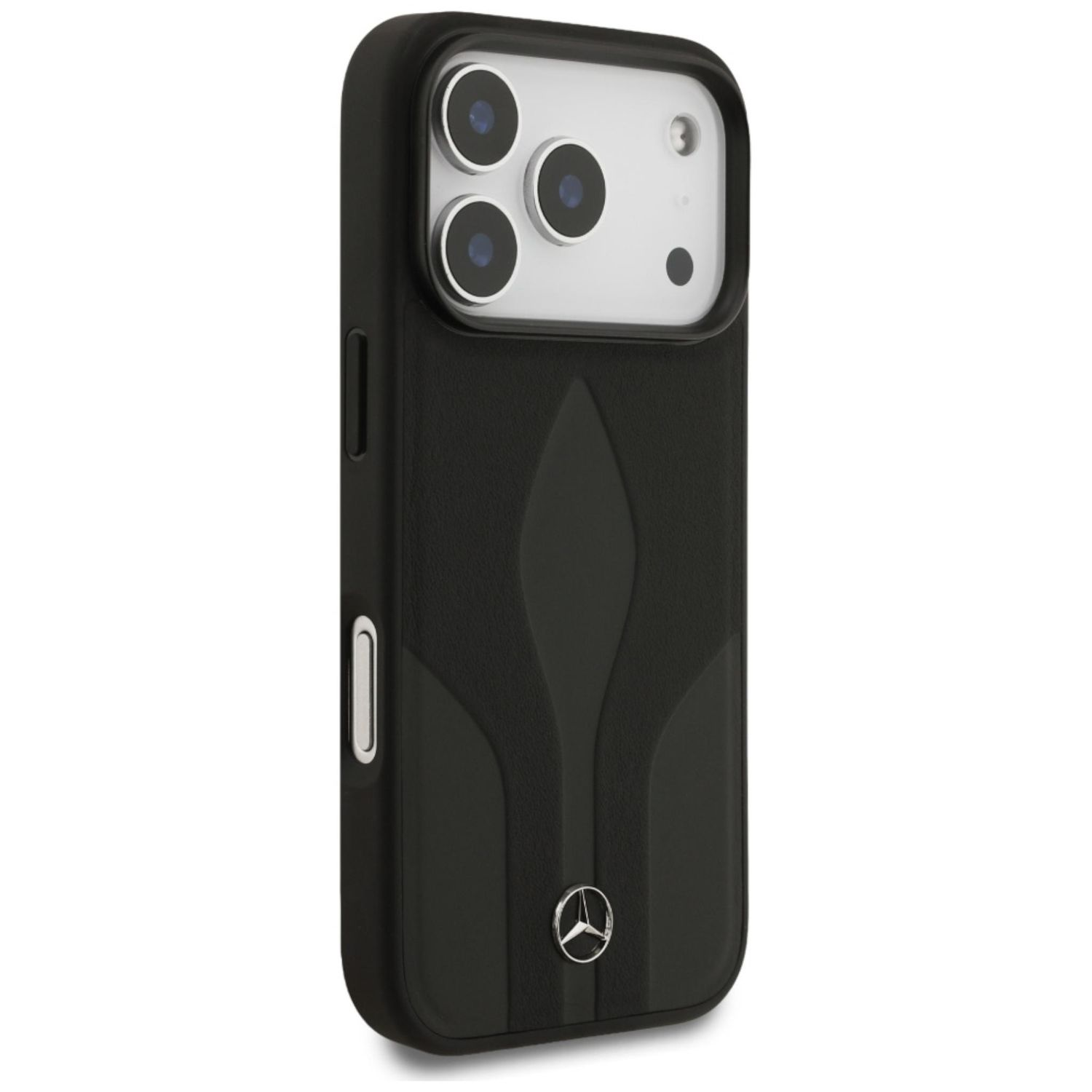 Custodia nera per iPhone con logo Mercedes. Presenta obiettivi della fotocamera e un pannello posteriore strutturato.