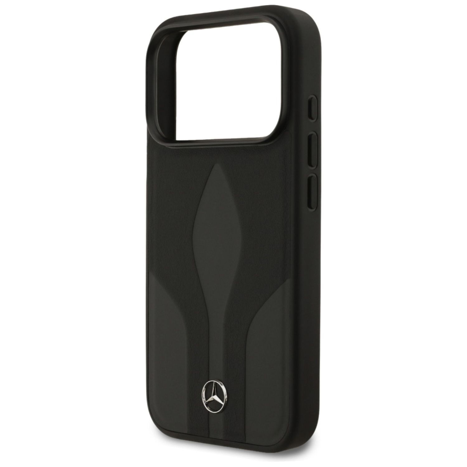 Custodia per telefono nera con logo Mercedes. Presenta retro strutturato e ritaglio per fotocamera. Tasti laterali visibili.