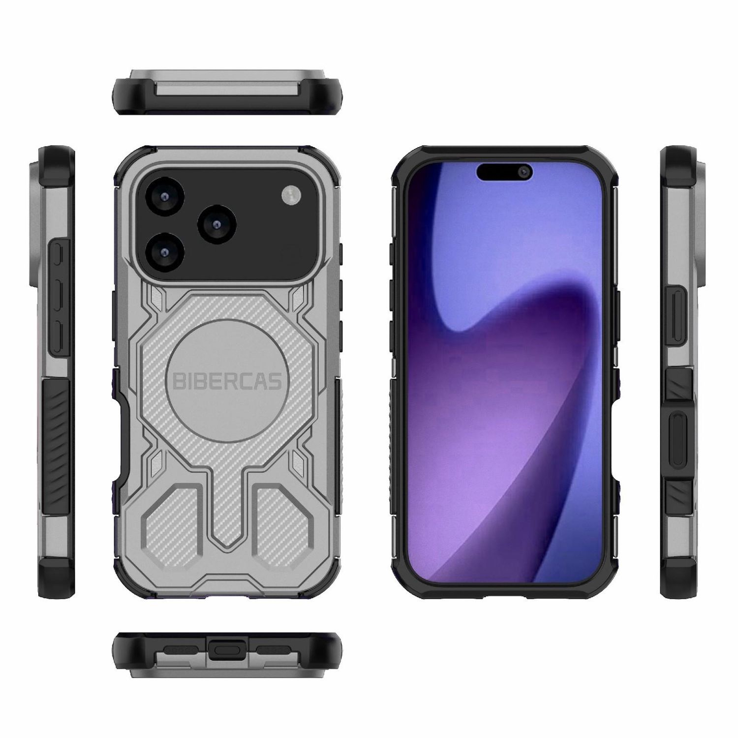 Ein Telefon mit einer silber-schwarzen Hülle. Die Hülle hat ein strukturiertes Design und schützt Kameras und Bildschirm.