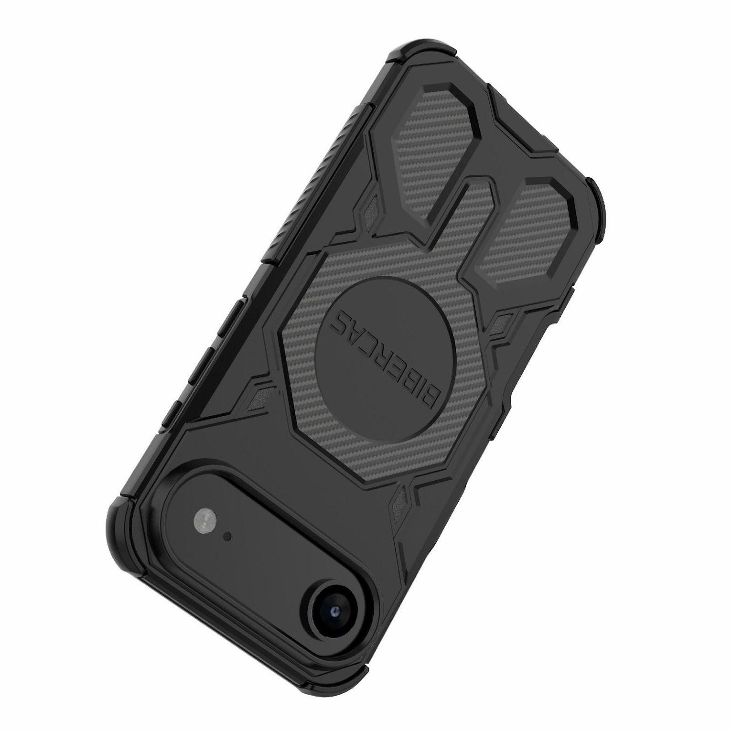 Eine schwarze Handyhülle mit strukturiertem Design, mit Kameraausschnitt und dem Namen 'BIBERCAS'.