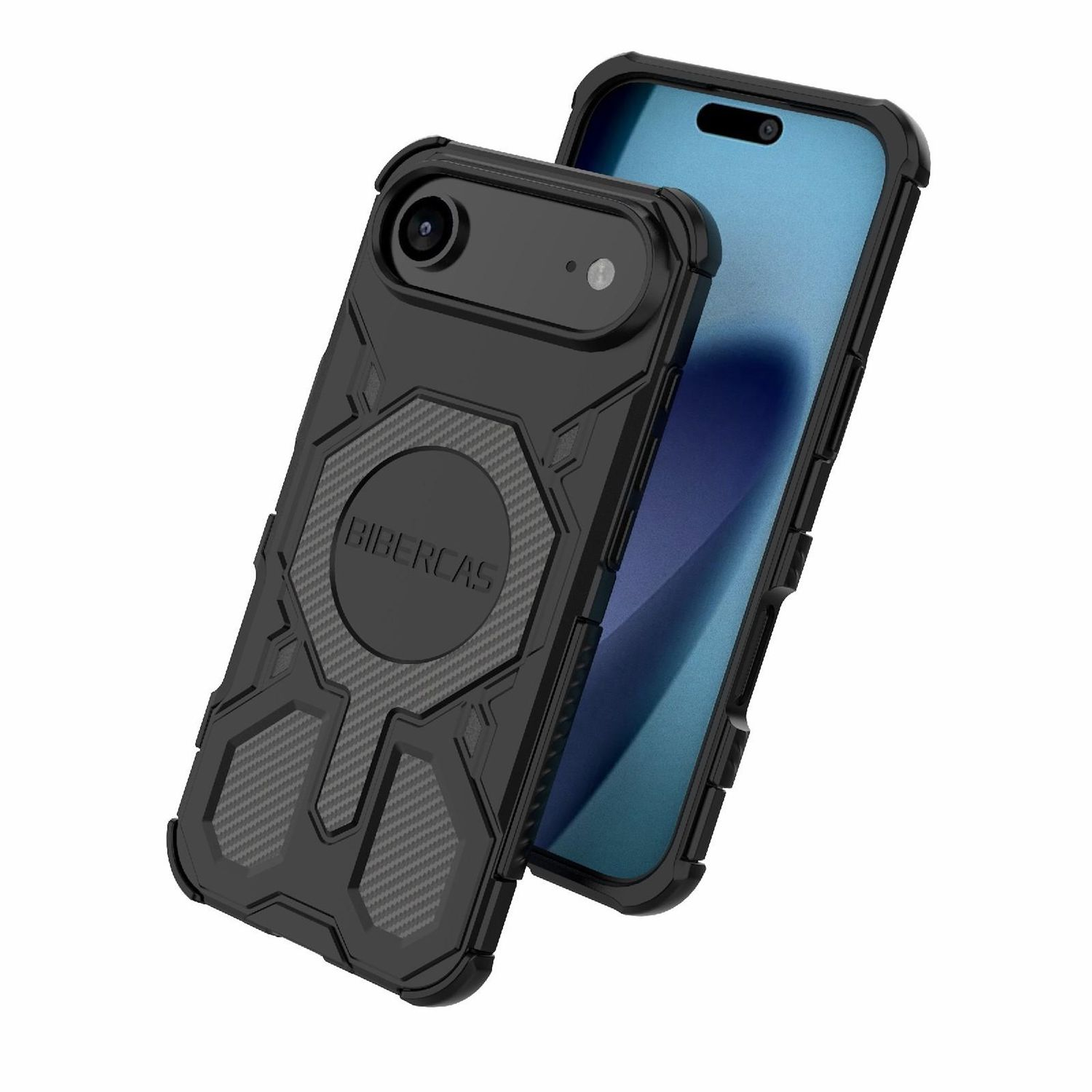 Eine schwarze Handyhülle mit einem Telefon darin. Auf der Hülle steht "BIBERCAS". Das Telefon ist blau mit einem schwarzen Kameraausschnitt.