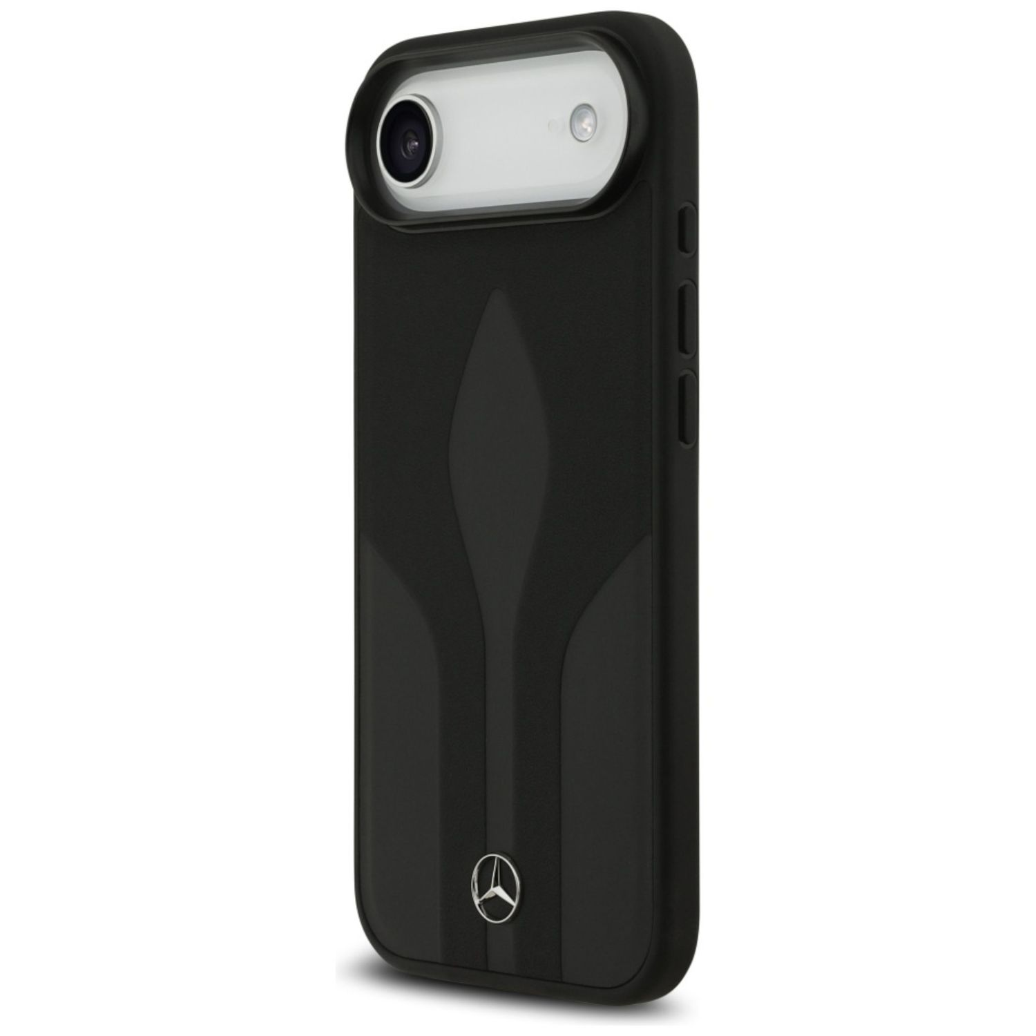 Custodia nera per telefono con logo Mercedes. Ha un foro per la fotocamera e pulsanti laterali. Il retro ha un design.