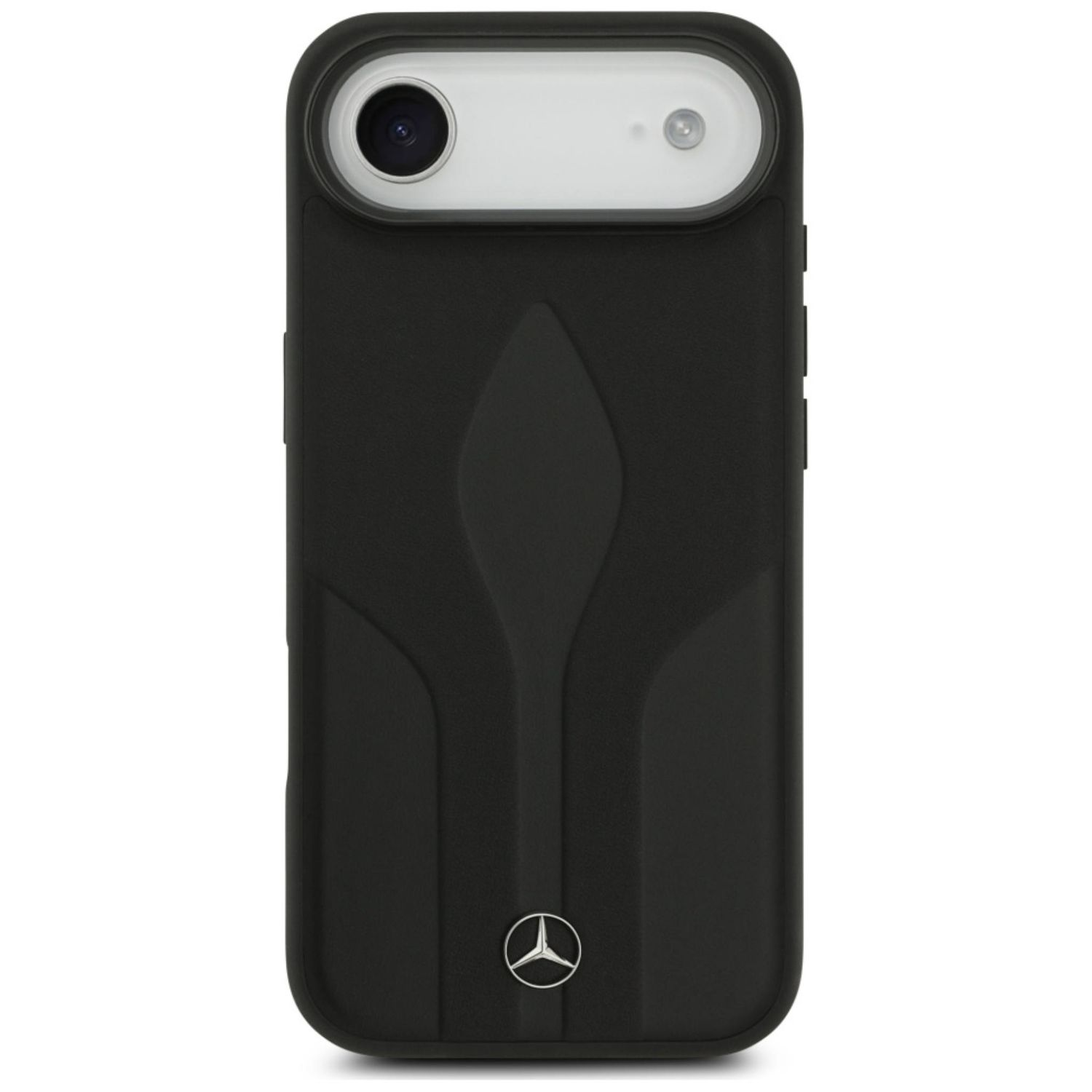 Custodia per telefono nera con logo Mercedes-Benz. Presenta un ritaglio per la fotocamera e un design strutturato.