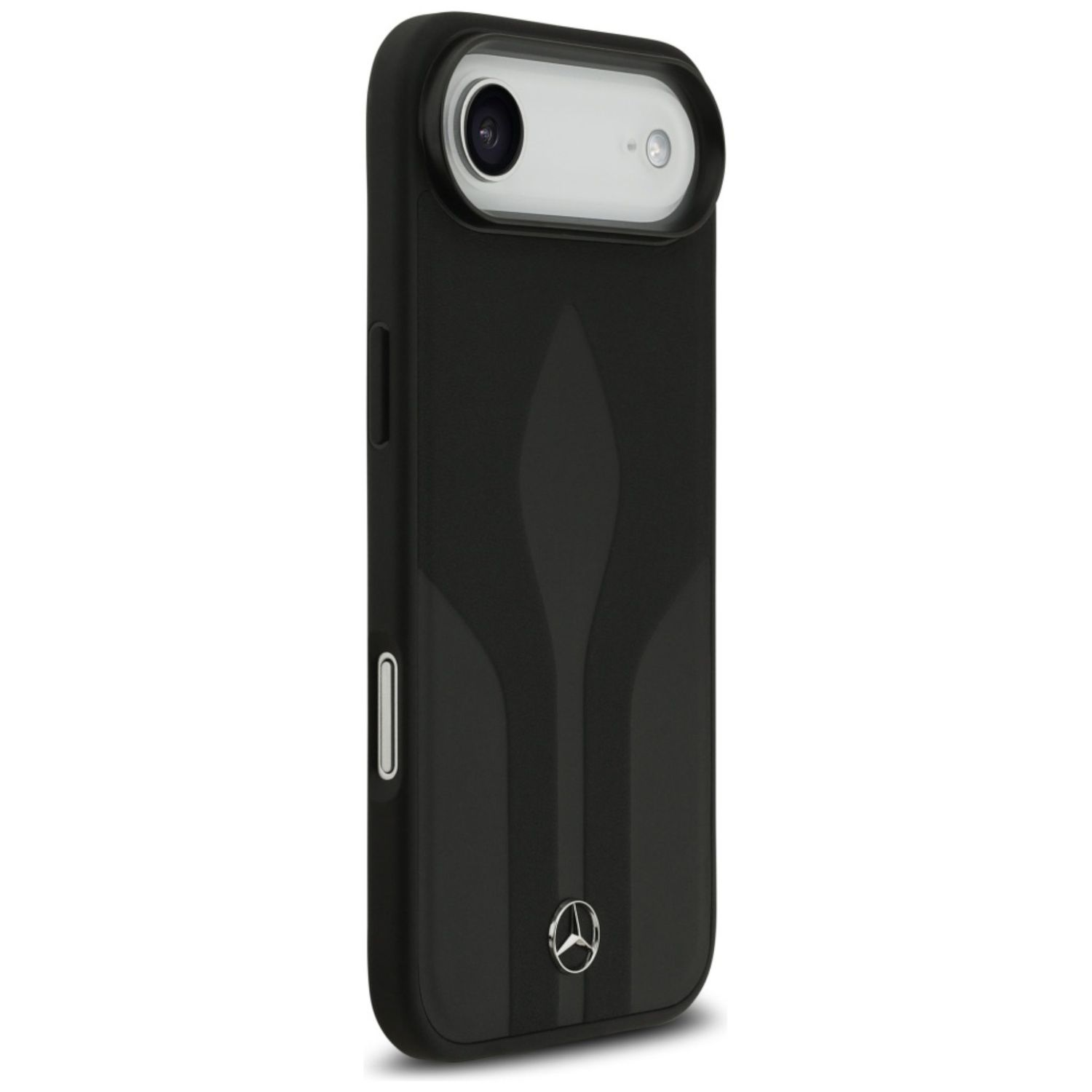 Custodia nera per telefono con obiettivo della fotocamera e logo Mercedes argentato. Il design include una striscia verticale e una finitura liscia.