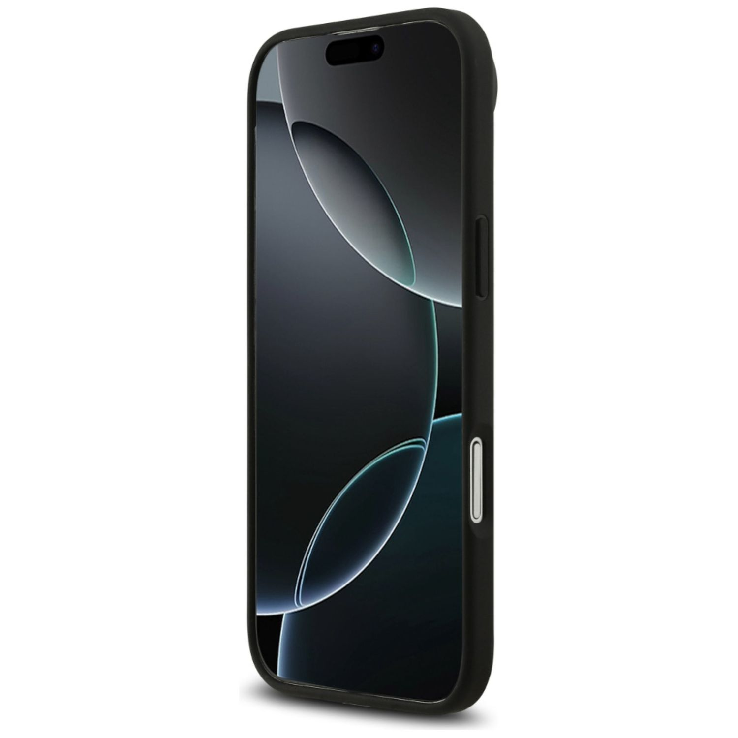 Un iPhone nero in una custodia nera è in mostra. Lo schermo mostra uno sfondo scuro con disegni circolari chiari.