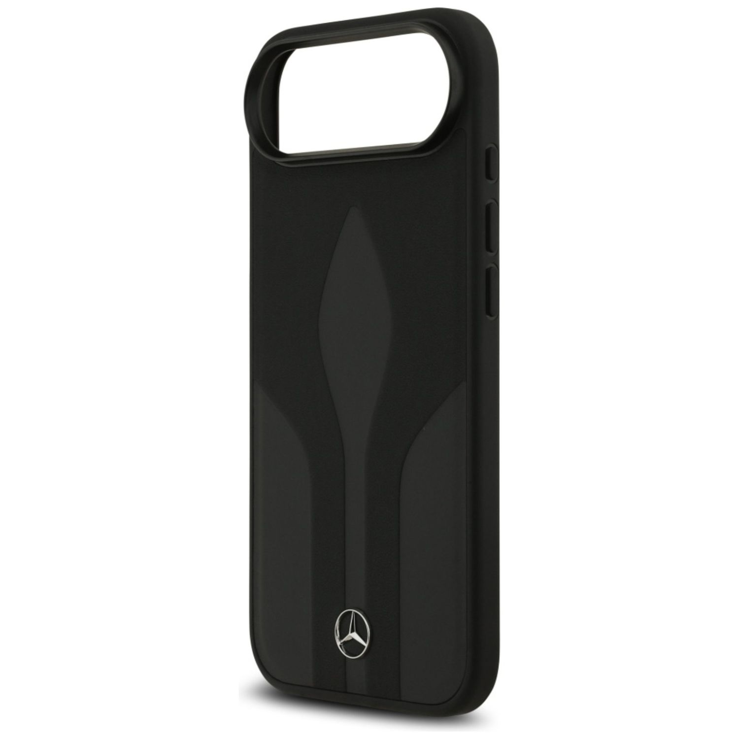 Custodia per telefono nera con manico. Presenta un design a forma di foglia e il logo Mercedes-Benz in basso.