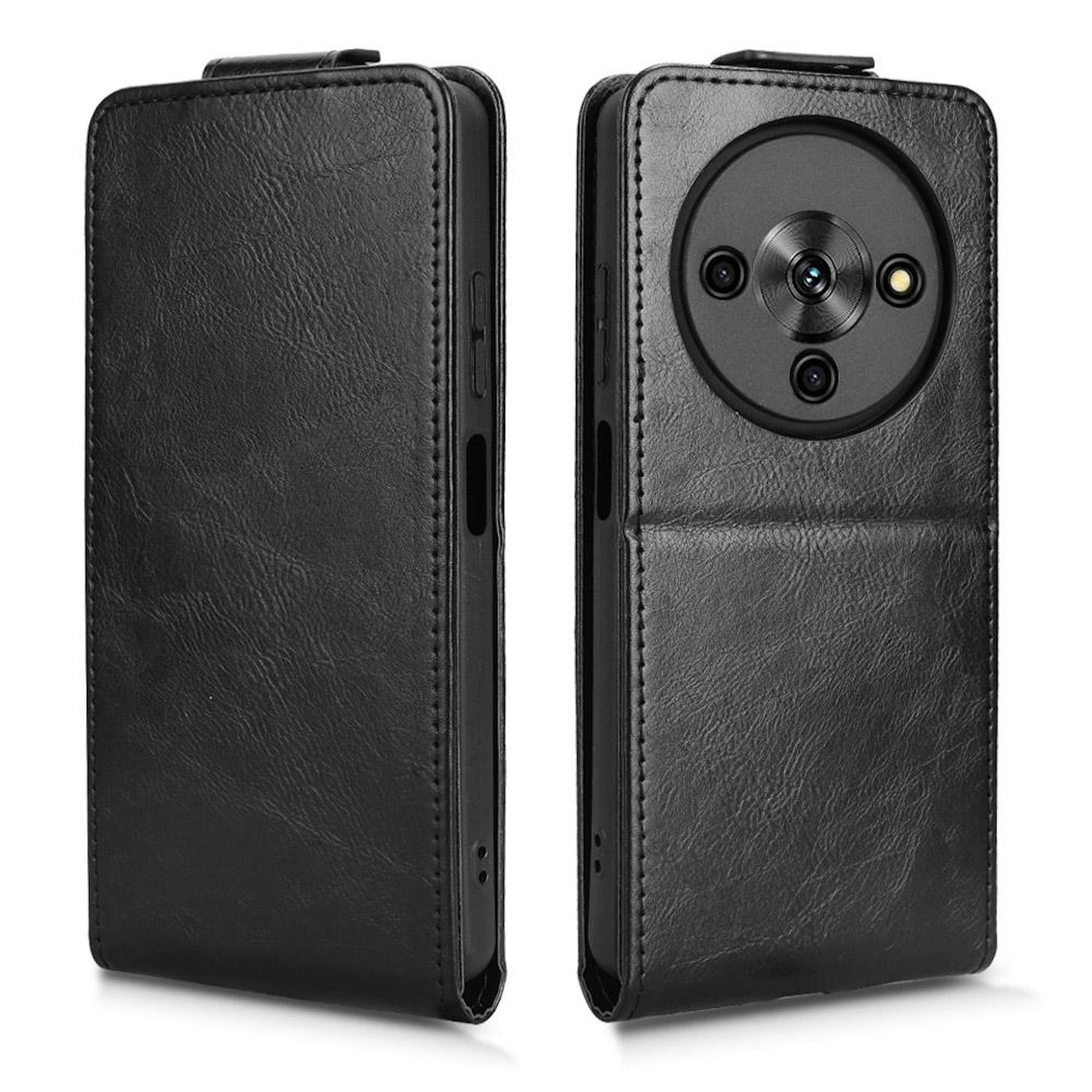 Schwarze Leder-Handyhülle, offen, um das Telefon zu zeigen. Sichtbare Kameralinsen im Kreis auf der Rückseite des Telefons.