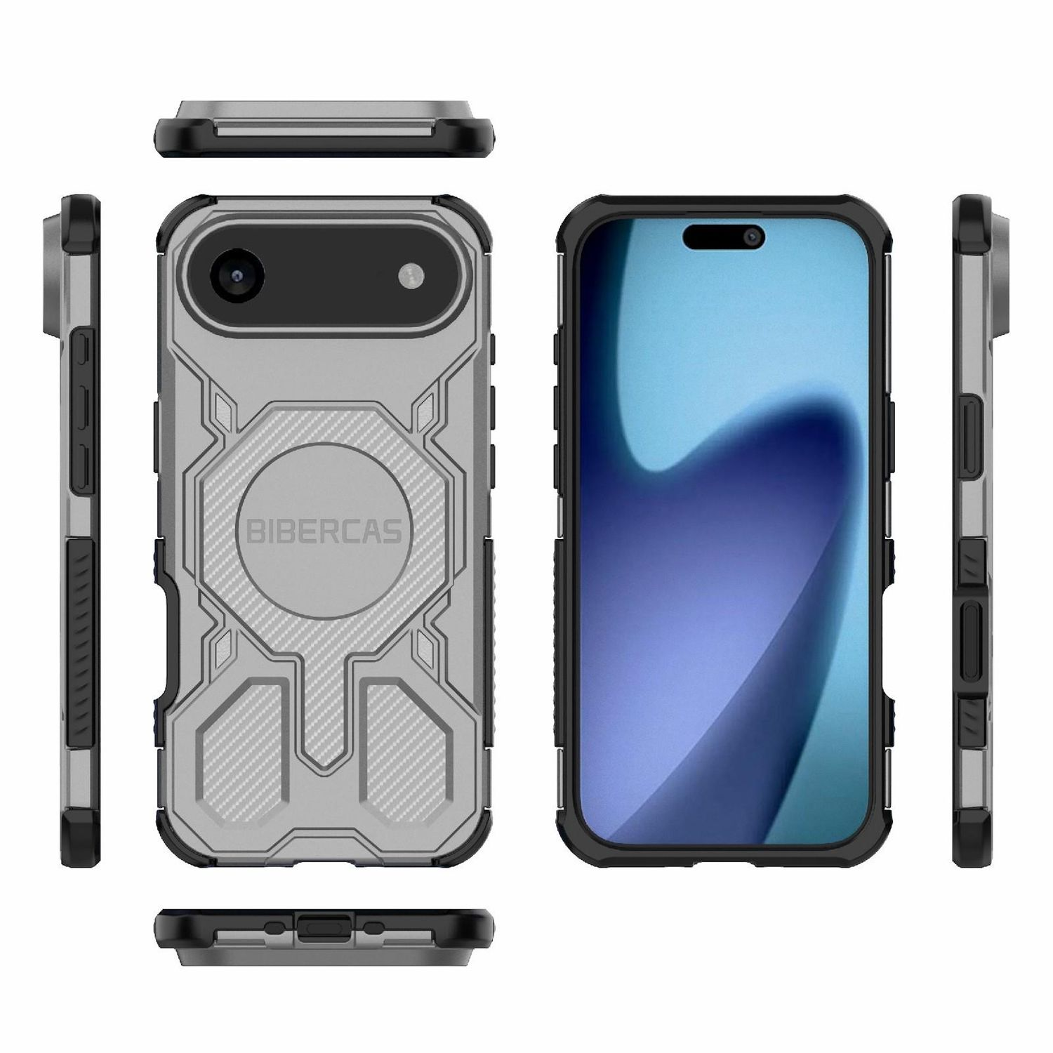 Ein Handyhüllen-Set mit einem Handy darin. Grau- und Schwarztöne. Die Hülle hat das Logo 'BIBERCAS'. Der Bildschirm zeigt ein blaues abstraktes Bild.
