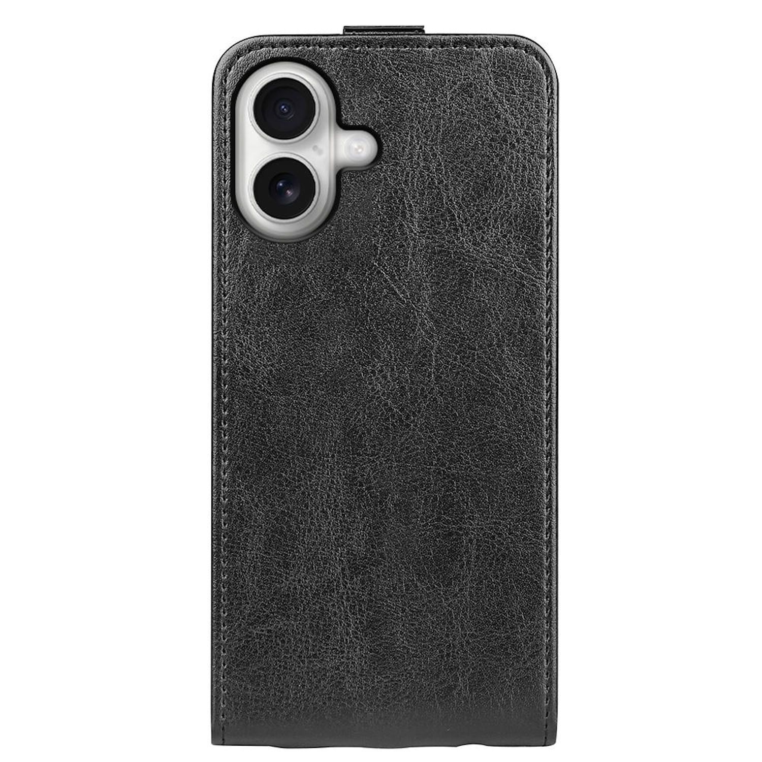 Funda de teléfono de cuero negro. Dos recortes de cámara en la parte superior izquierda. Diseño vertical con costuras en el borde.