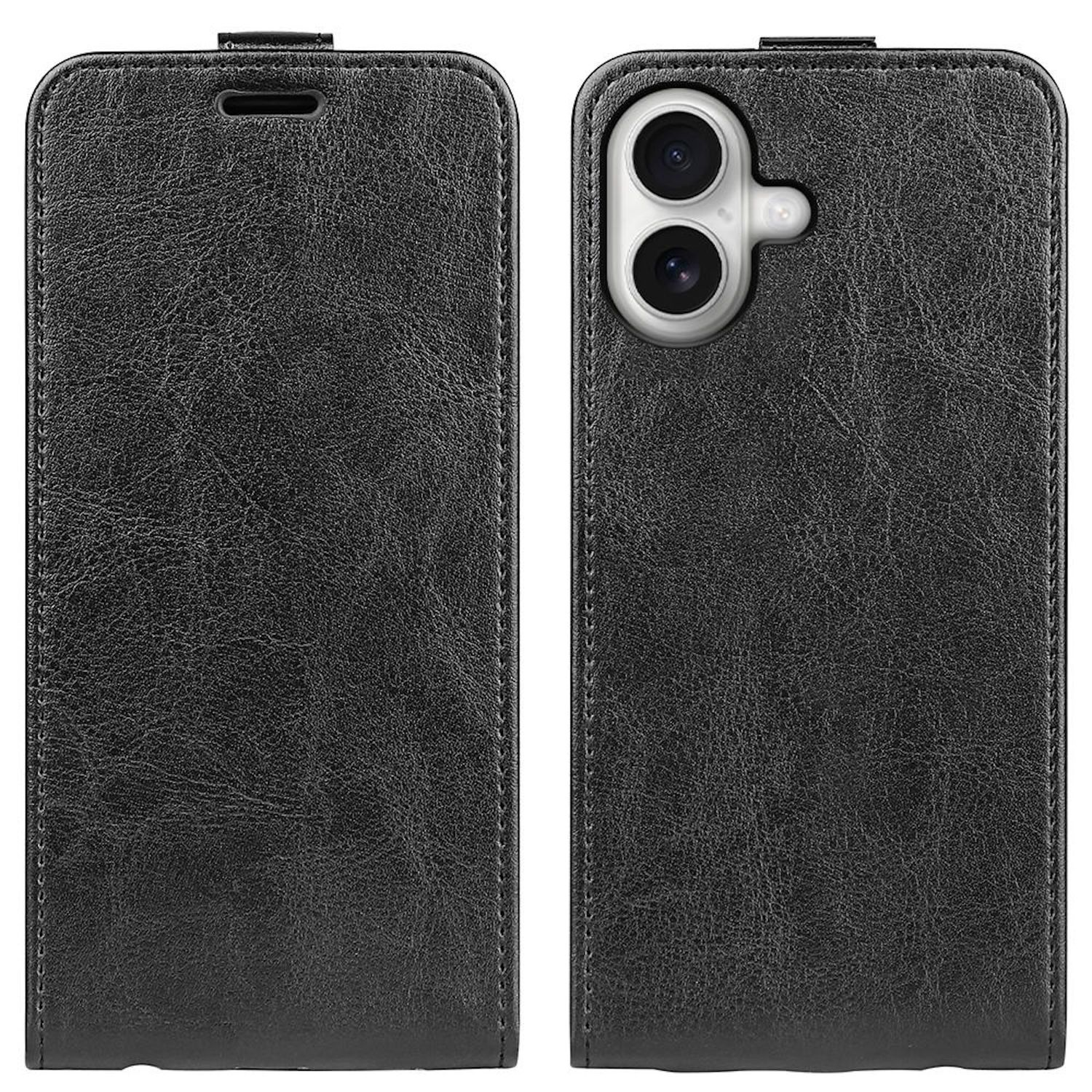 Dos fundas negras para teléfono, una cerrada y otra abierta que muestra la lente de la cámara. Ambas tienen textura de cuero y costuras visibles.