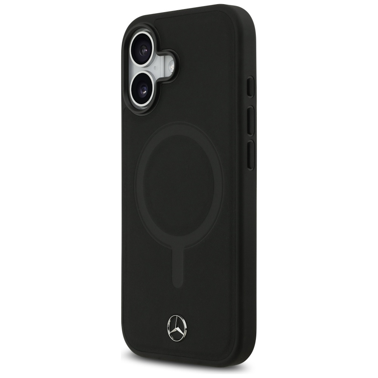 Funda de teléfono negra con el logo de Mercedes y lentes de cámara. Tiene un círculo magnético en la parte trasera.