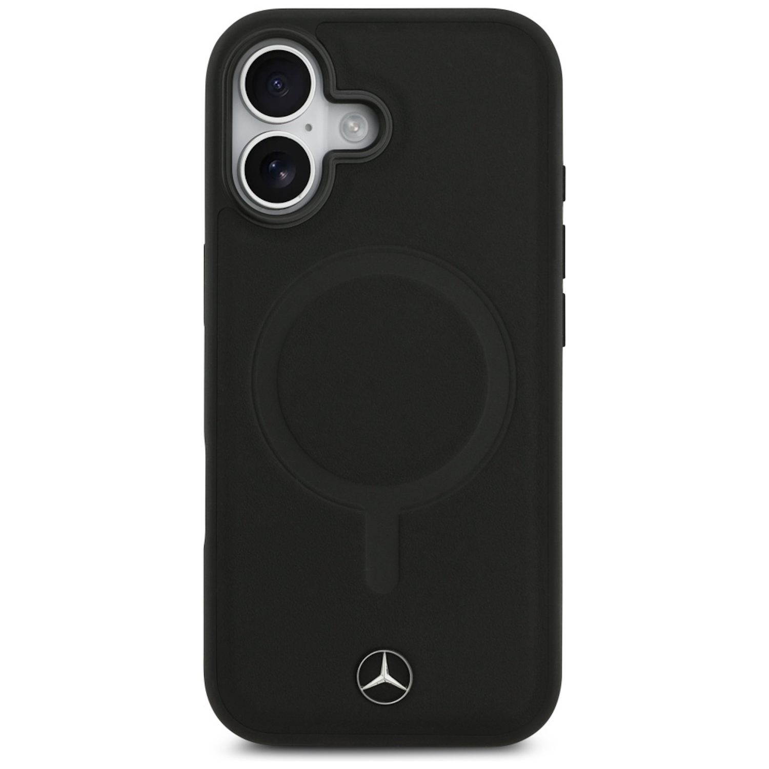 Una funda negra para teléfono con el logotipo de Mercedes. Tiene un recorte para la cámara y un diseño circular en la parte trasera.