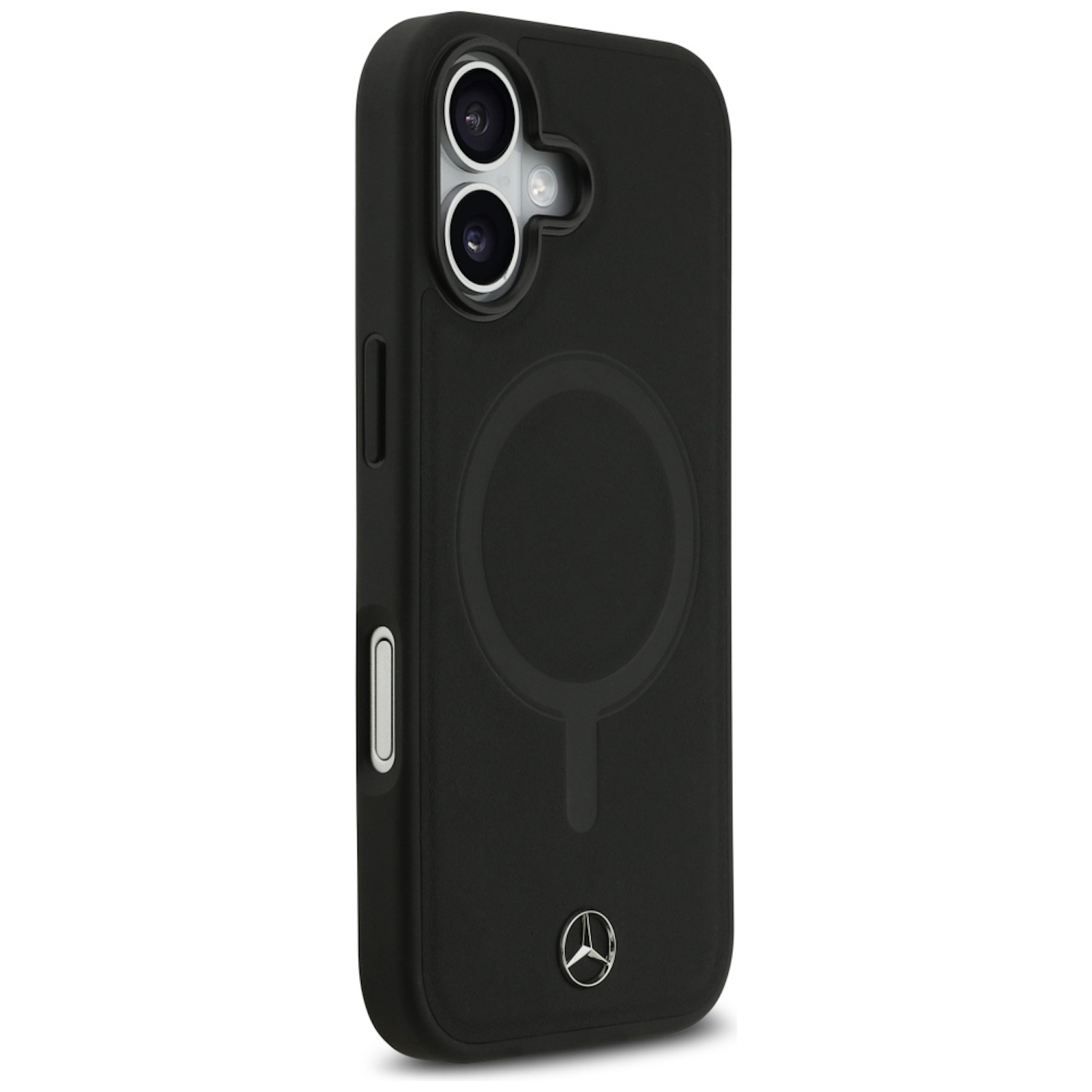 Funda negra para teléfono con el logo de Mercedes. Tiene un anillo magnético y una configuración de cámara dual. La funda está sobre fondo blanco.