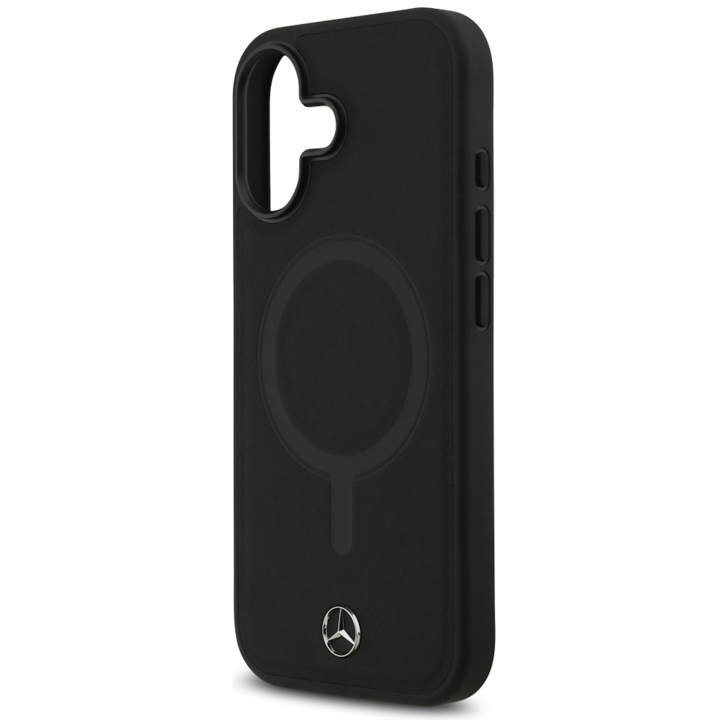 Funda negra para teléfono con recortes para cámara y botones. Cuenta con un diseño MagSafe circular y un logotipo de Mercedes-Benz en la parte inferior.