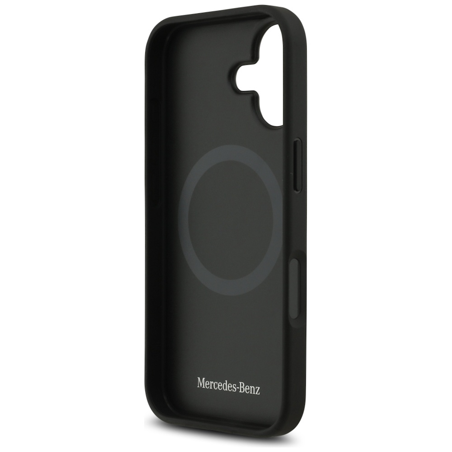 Una funda de teléfono negra con diseño circular y el logo de Mercedes-Benz. Tiene recortes para la cámara y los botones.