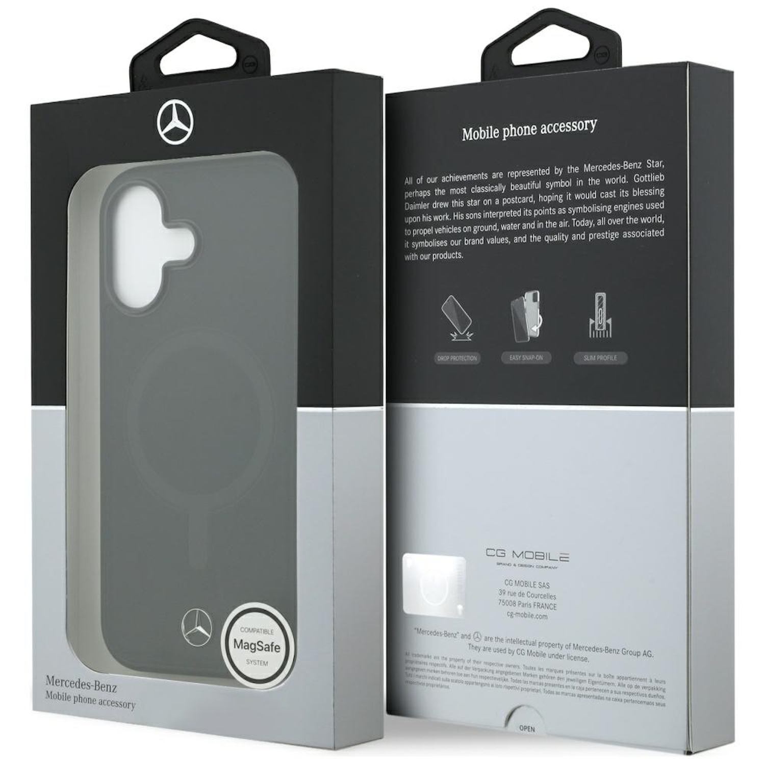 Funda de teléfono Mercedes-Benz en caja. El paquete muestra la funda, el logo de Mercedes e información del producto.