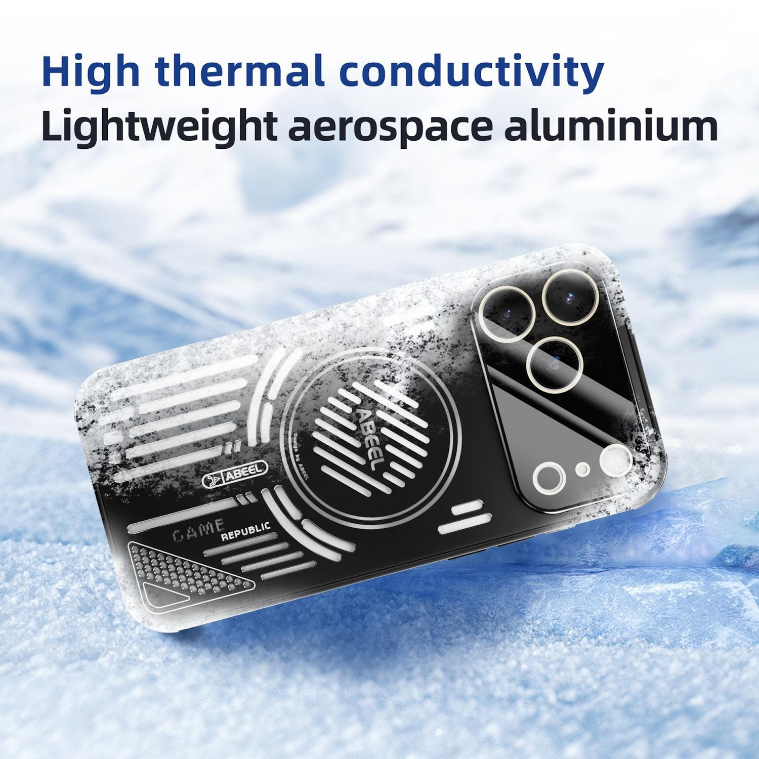 Una funda negra para teléfono con un diseño único se presenta sobre un fondo de hielo. El texto superior indica conductividad térmica y aluminio ligero.