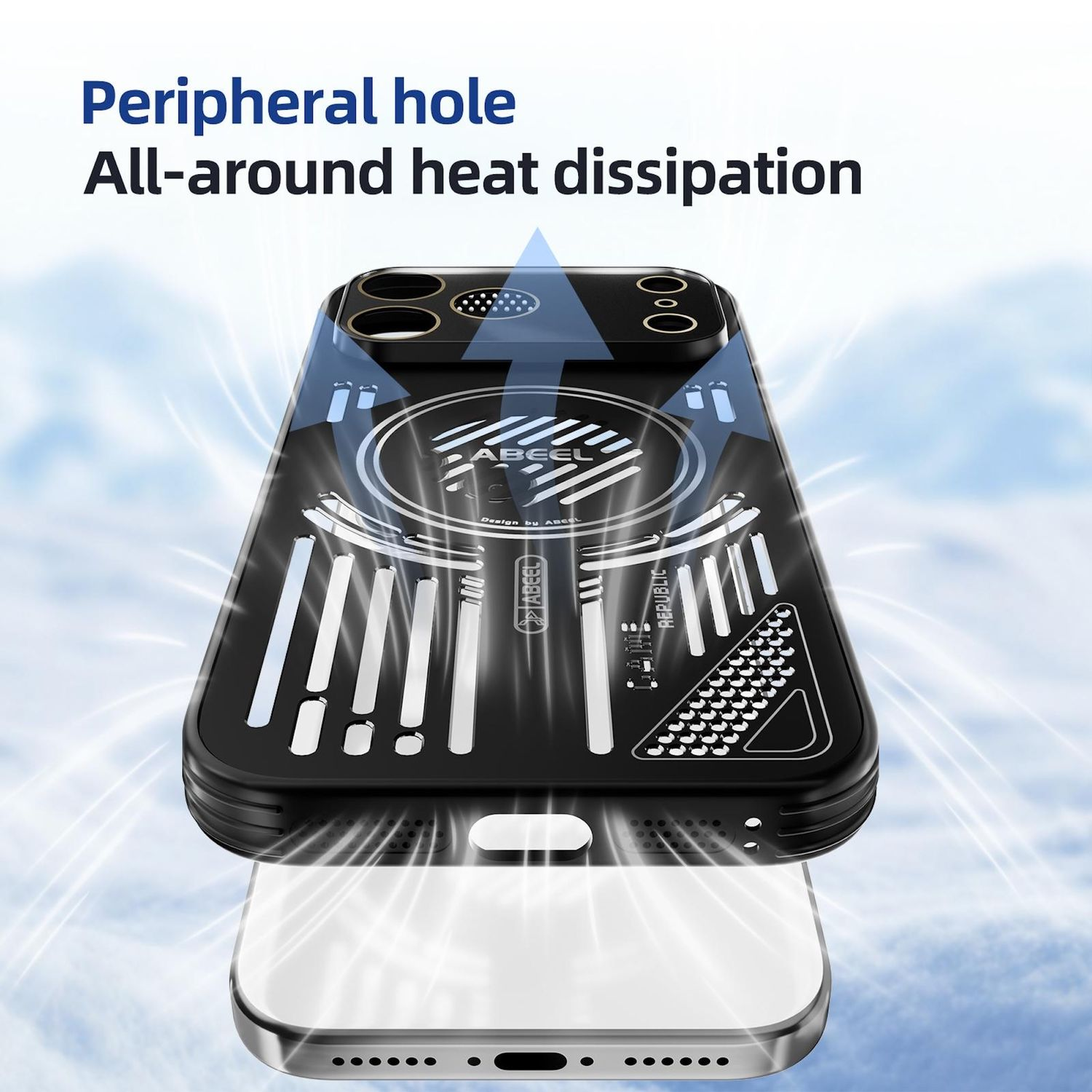 Una funda negra para teléfono con orificios de ventilación se coloca sobre un teléfono. Se muestran líneas blancas de flujo de aire. El texto dice 'Peripheral hole' y 'heat dissipation'.