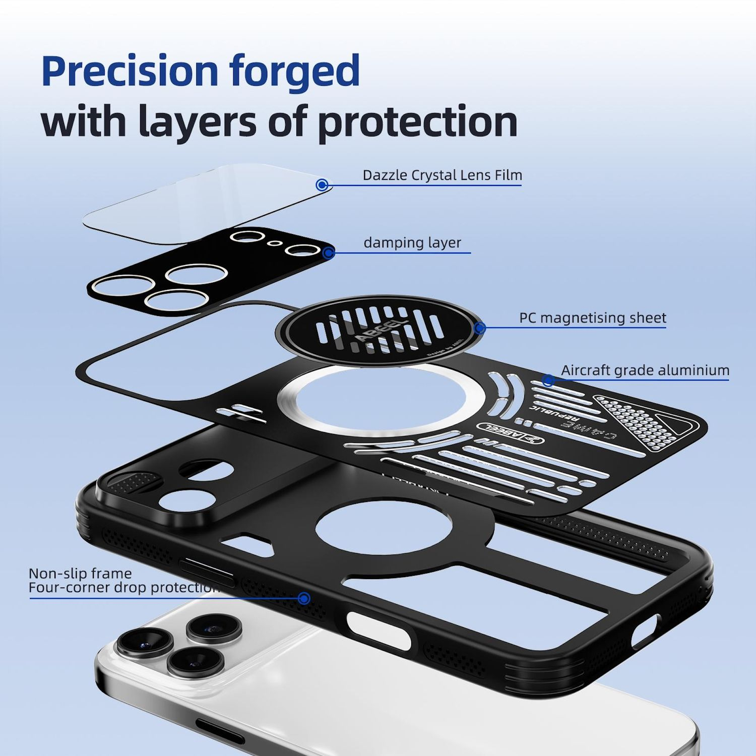Vista explosionada de una funda de teléfono, mostrando capas: película de lente, capa amortiguadora, lámina de PC, marco de aluminio aeronáutico y el teléfono.