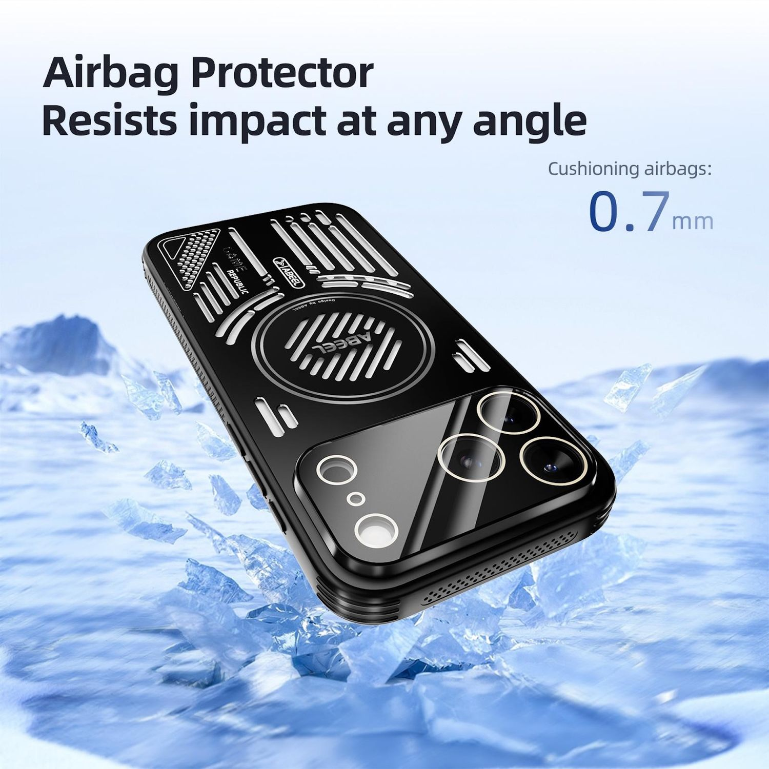 Funda negra para teléfono con detalles blancos, texto 'Airbag Protector'. Fragmentos de hielo en el fondo.