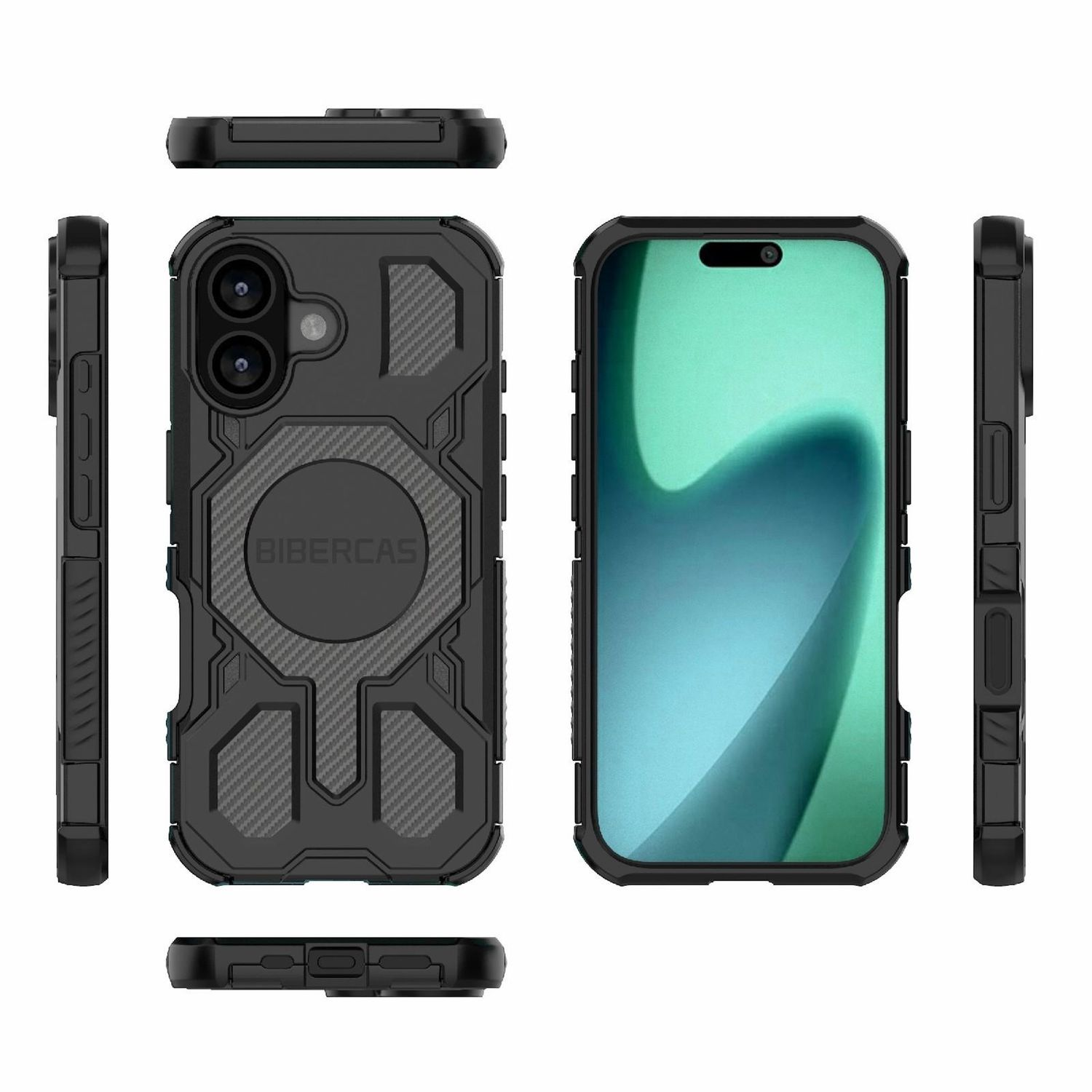 Schwarze Handyhülle mit robustem Design, die Vorder-, Seiten- und Draufsicht zeigt. Die Vorderseite zeigt das Telefon im Gehäuse.