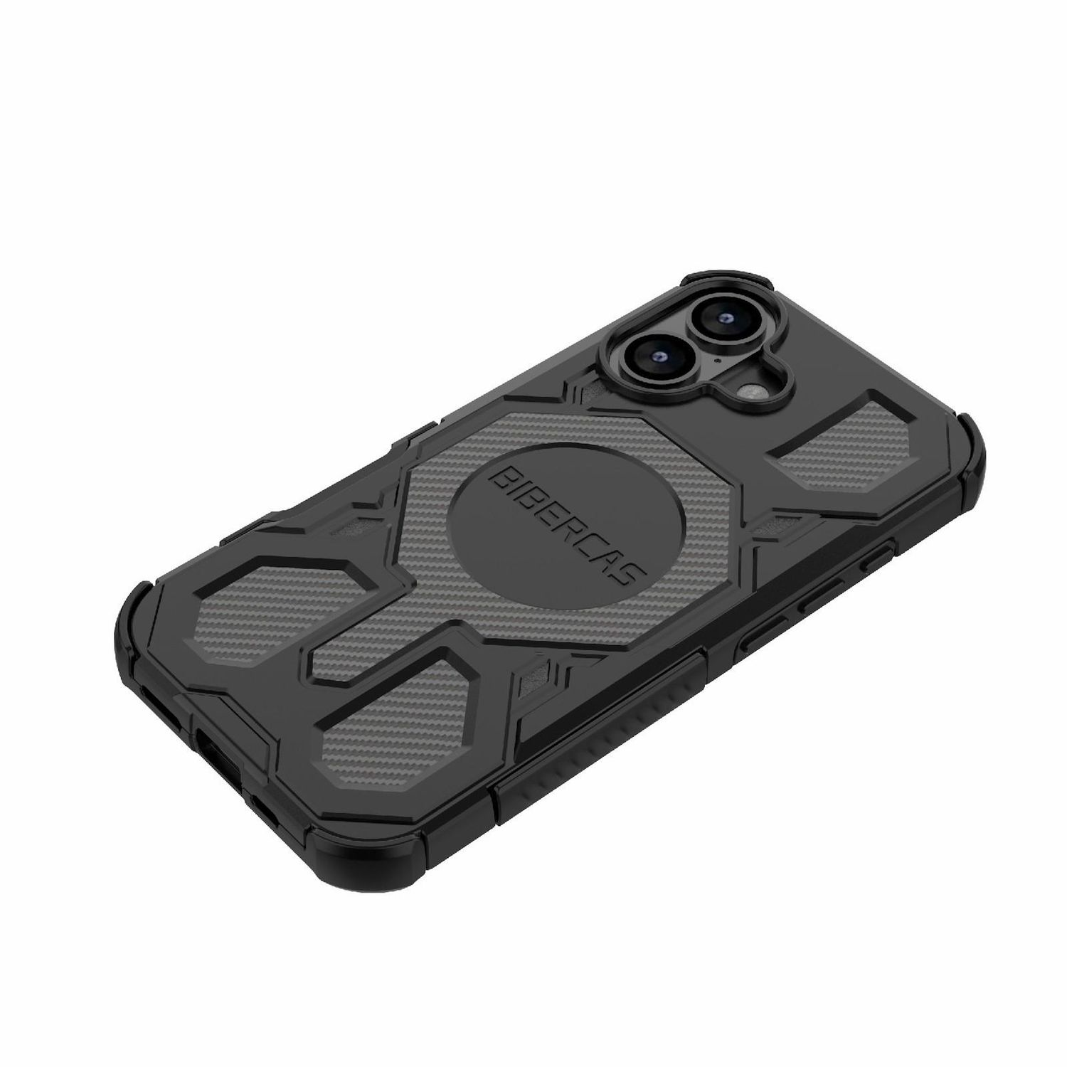 Eine schwarze Handyhülle mit strukturiertem Design und dem Markennamen 'BIBERCAS'. Sie hat einen Ausschnitt für zwei Kameras und ein rundes Element.