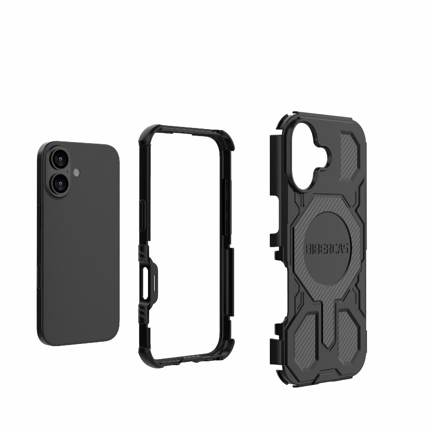 Schwarzes Telefon, ein Telefonrahmen und eine Schutzhülle. Alles ist schwarz und auf weißem Hintergrund isoliert.
