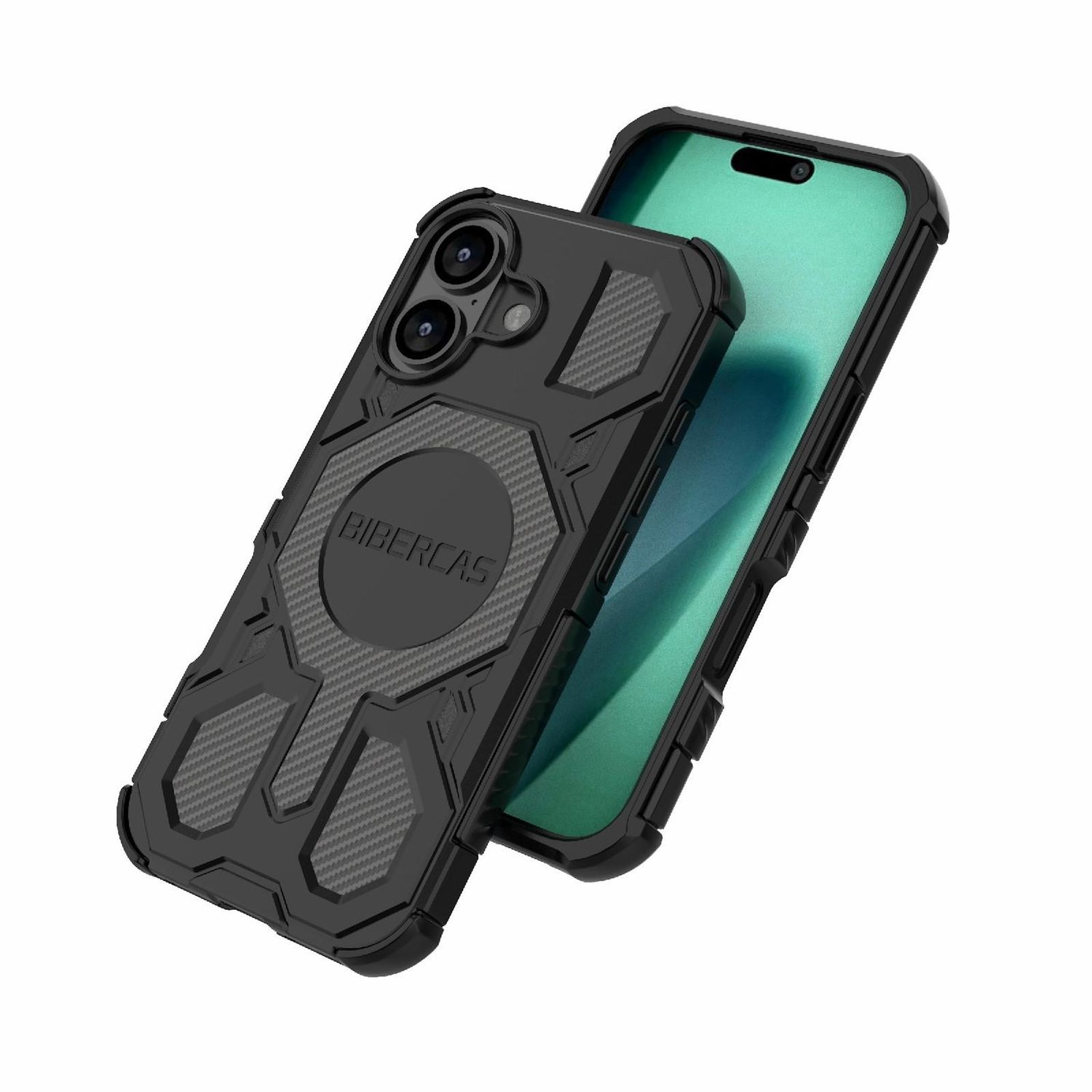 Eine schwarze Handyhülle mit Schutzdesign, die ein Handy teilweise bedeckt. Das Handy wird mit grünem Display gezeigt.