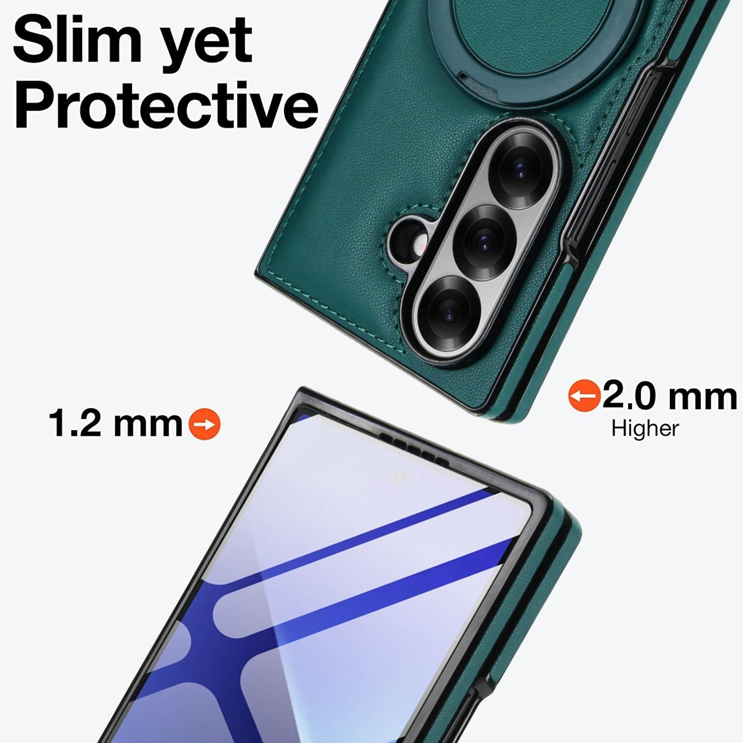 Handyhülle mit Telefon. Es ist grün und schwarz. Der Text lautet 'Slim yet Protective'. Maße werden mit Pfeilen angezeigt.