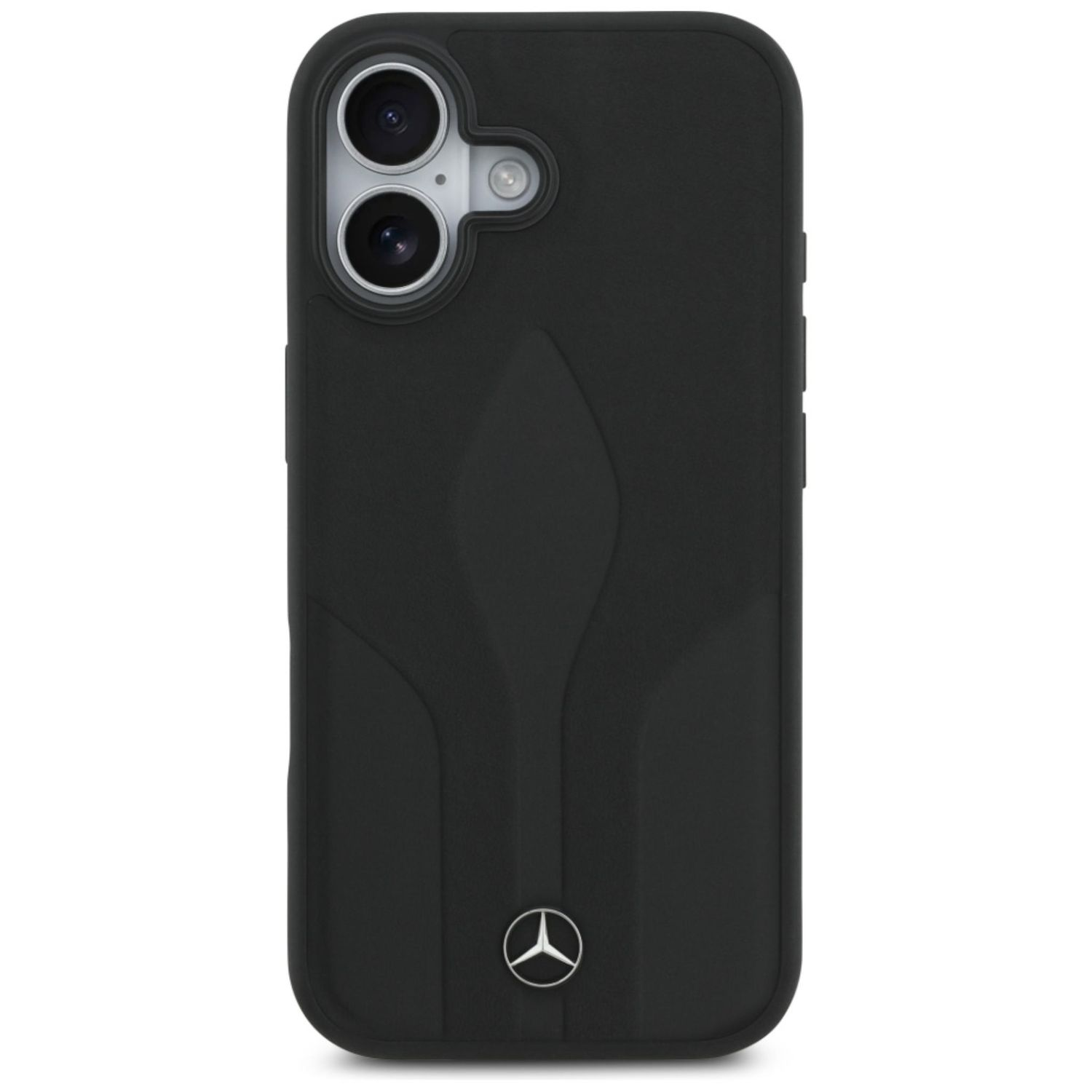 Una custodia nera per telefono con logo Mercedes-Benz. La custodia ha un design elegante con fori per la fotocamera e retro strutturato.