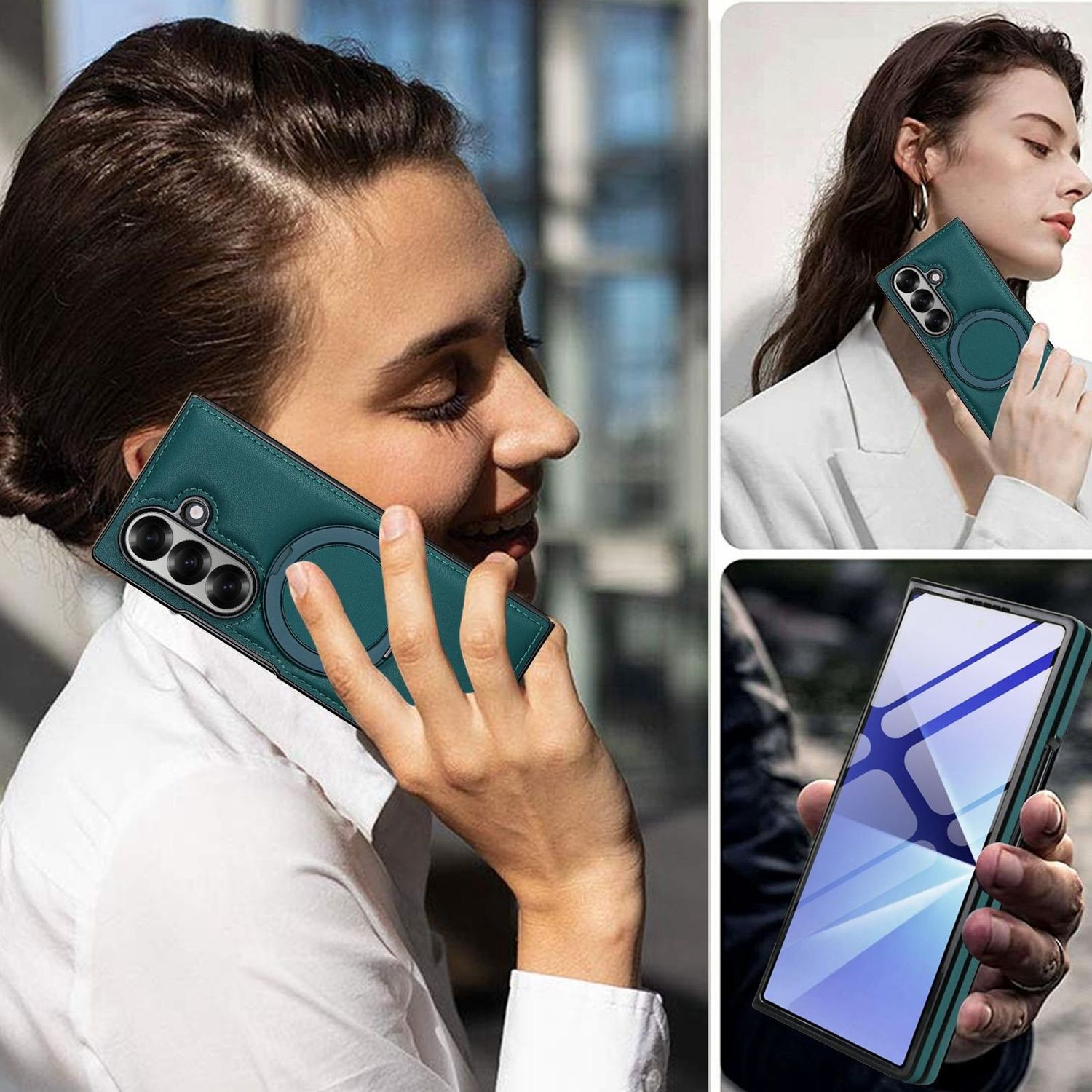 Drei Frauen halten grüne Handyhüllen. Die Hüllen haben ein kreisförmiges Design. Eine Frau telefoniert.