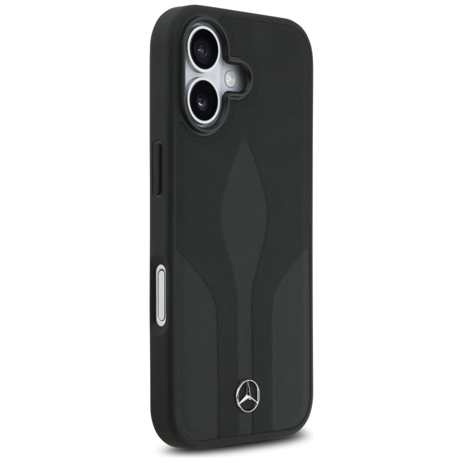 Custodia per telefono nera con logo Mercedes. Ha un ritaglio per la fotocamera e dettagli dei pulsanti. La custodia è su sfondo bianco.