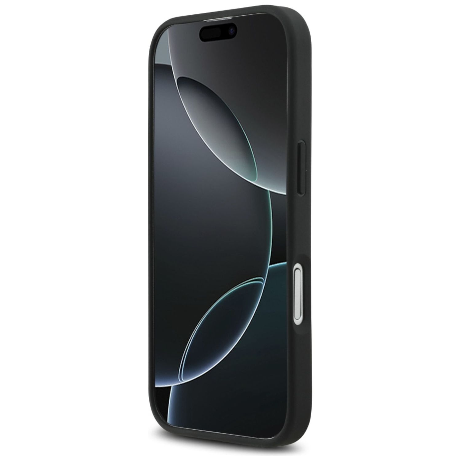 Uno smartphone nero in una custodia nera, su sfondo bianco. Lo schermo mostra un design scuro e astratto.