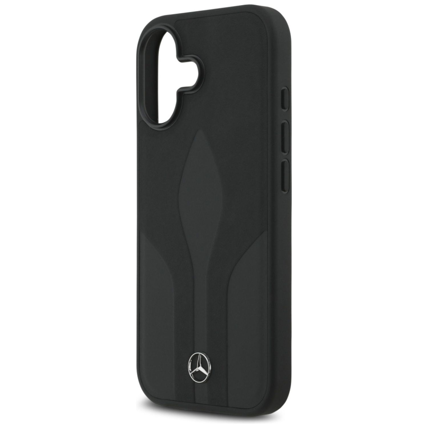 Custodia nera per telefono con logo Mercedes. Ha ritagli per fotocamera e pulsanti. La custodia presenta un design strutturato.