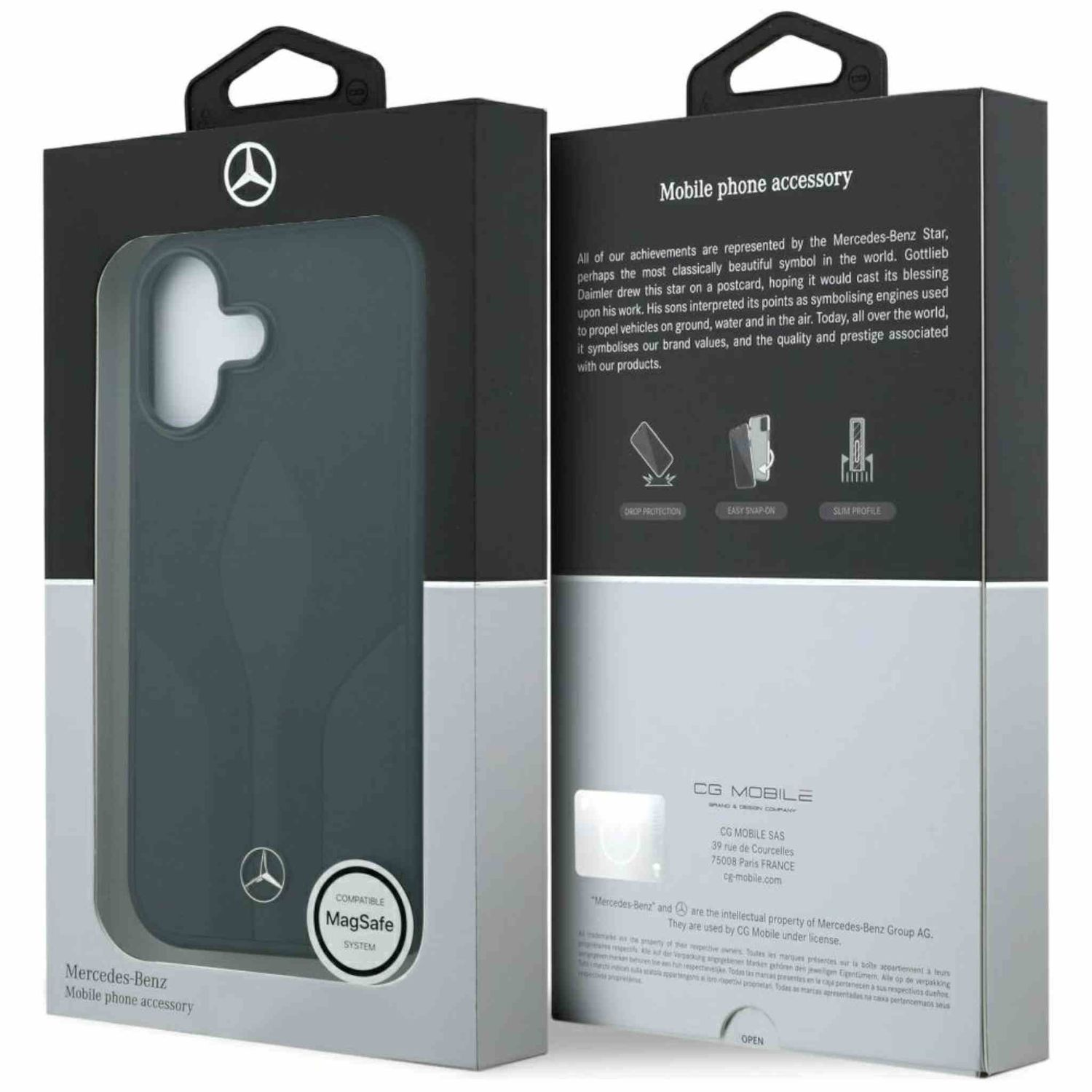 Scatola accessori telefono Mercedes-Benz. Custodia grigia visibile da finestra trasparente. Testo e logo sulla scatola.