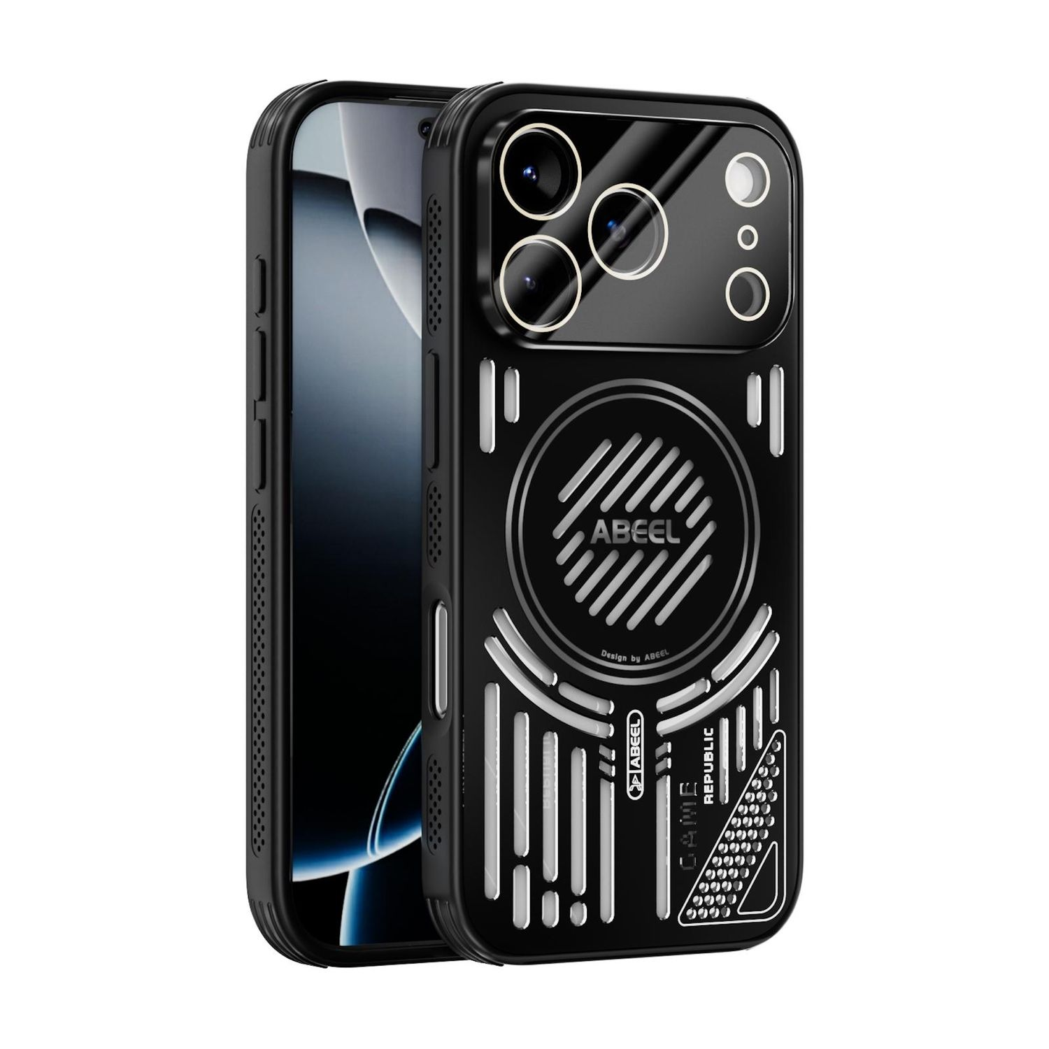 Funda de teléfono negra con diseño moderno. Presenta una matriz de cámara y el logotipo 'ABEEL' con elementos decorativos.