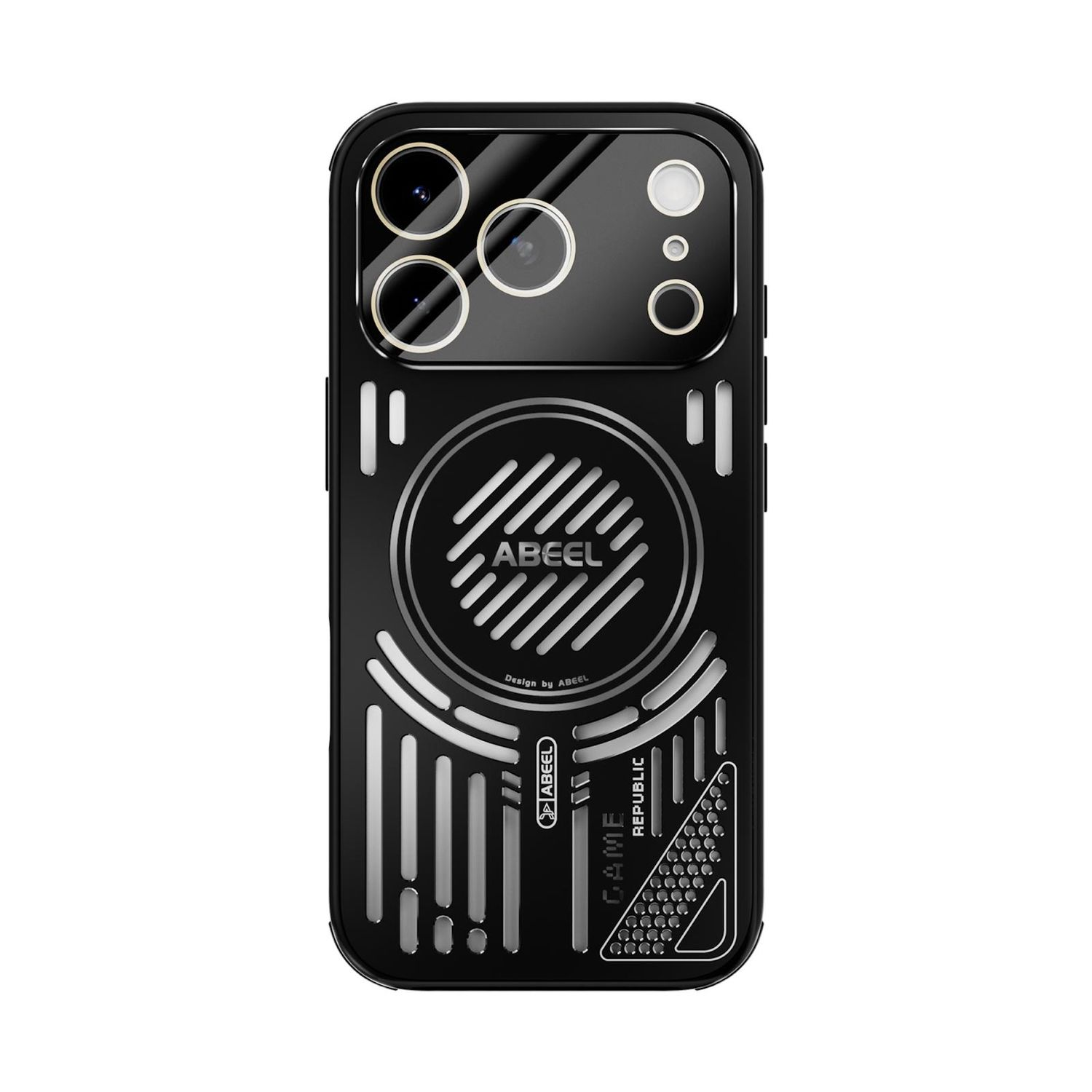 Una funda negra para teléfono con múltiples recortes de cámara. Presenta el logotipo de 'ABEEL' y un diseño con líneas y formas geométricas.