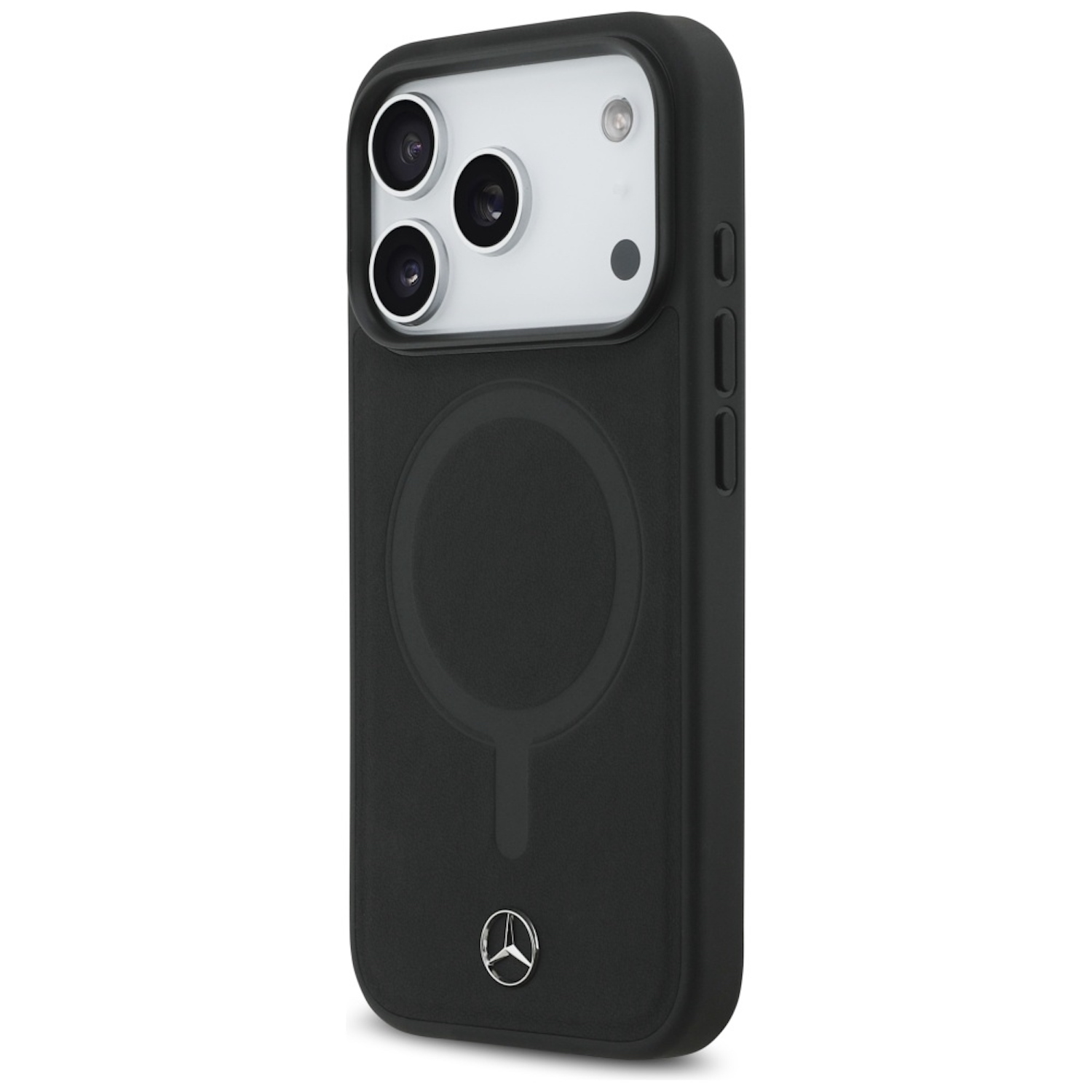 Custodia nera per telefono con tre obiettivi, un cerchio magnetico e il logo Mercedes. La custodia è su sfondo bianco.