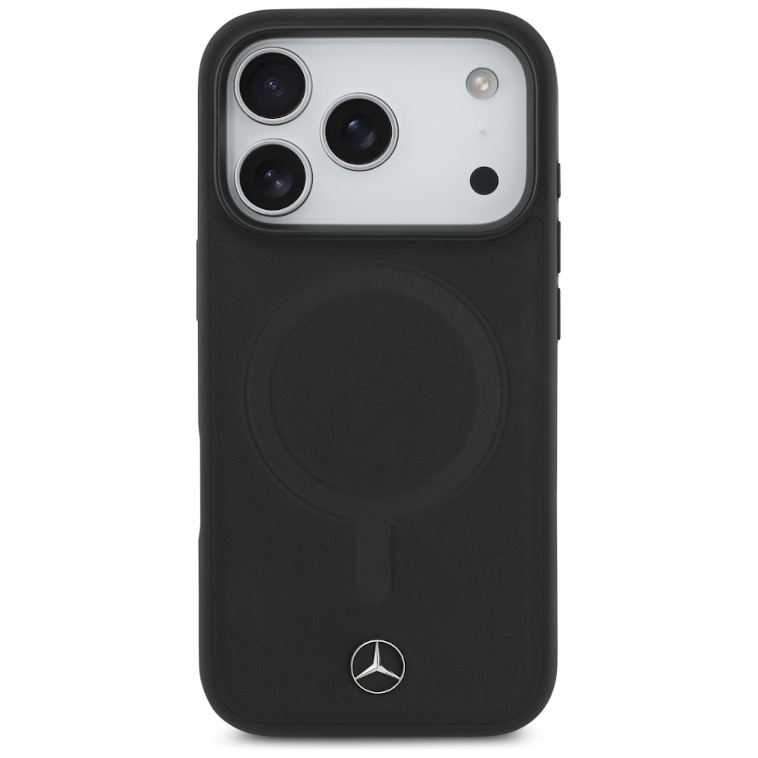 Custodia nera per telefono con logo Mercedes. Ha tre fori per la fotocamera e un cerchio magnetico sul retro.