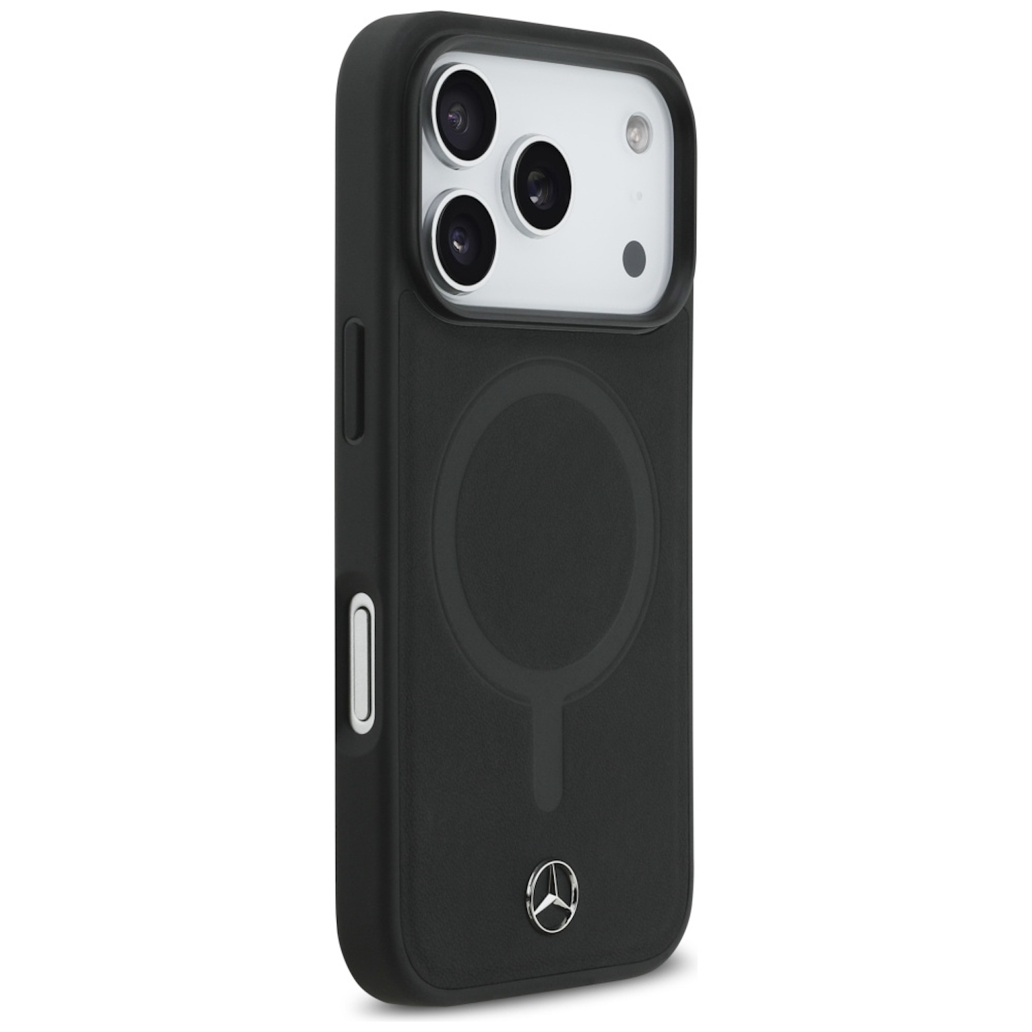 Custodia nera per iPhone con logo Mercedes. La custodia ha un ritaglio per la fotocamera e un cerchio magnetico sul retro.